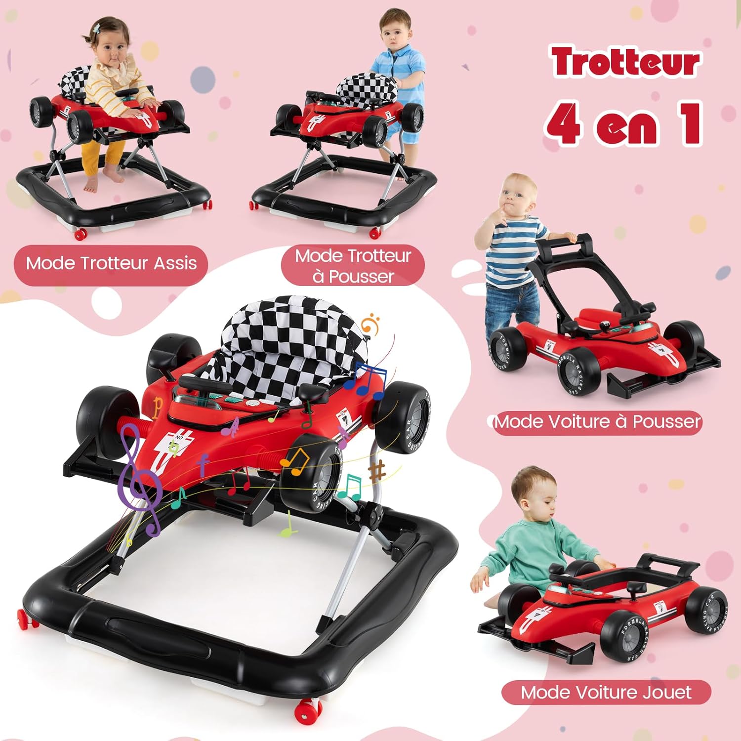 Thumbnail 1 de GOPLUS Trotteur bébé garçon 4 en 1 pliable, 3 hauteurs réglables (rouge) – musique et lumières