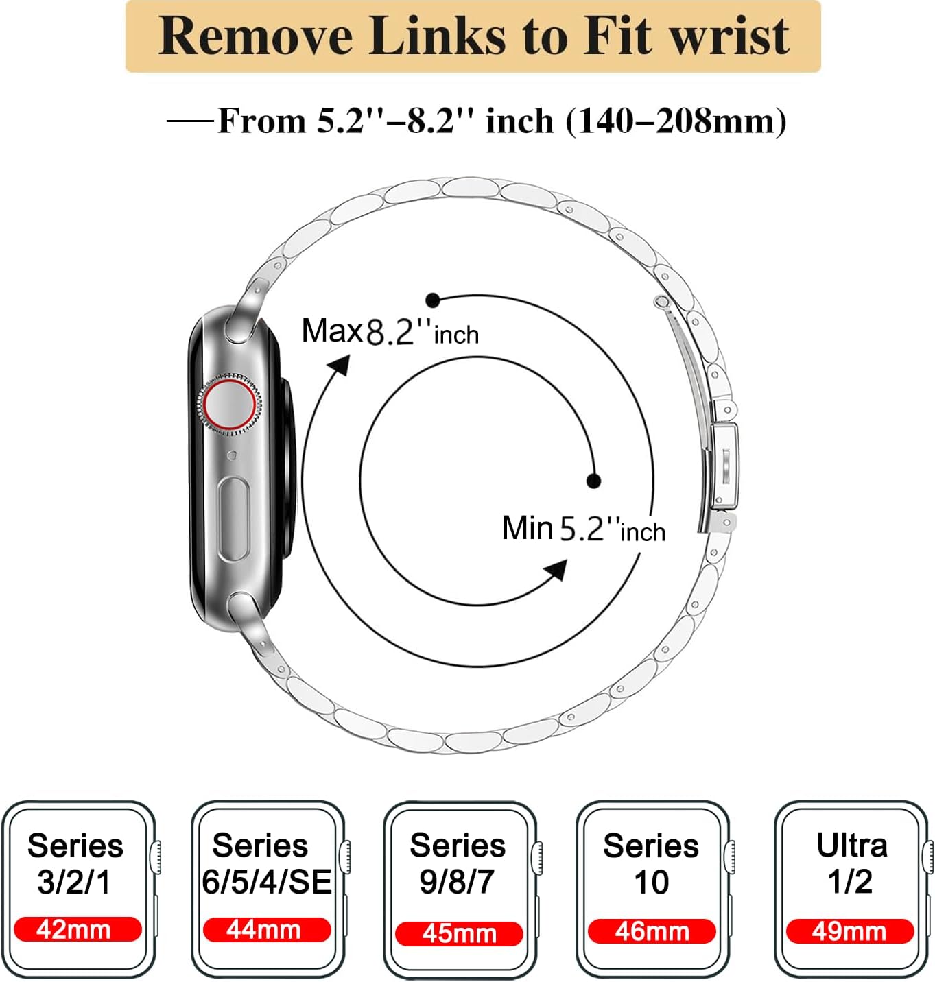 Detalle 2 de MioHHR Slim Stainless Steel Chain Watch Strap (Silver) for Apple Watch 42/44/45/46/49mm