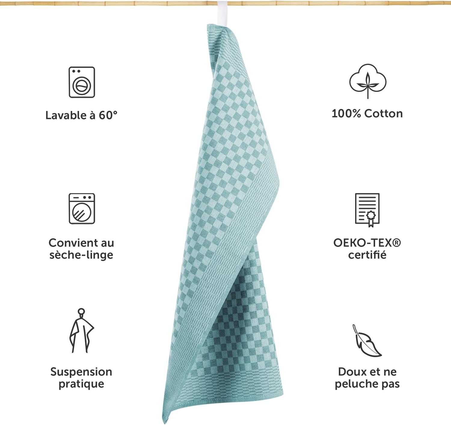 Detalle de Blumtal torchon Cuisine – Lot de 20, 50 x 70 cm, coton 100%, motif carreaux vert menthe, certifiés Oeko-Tex
