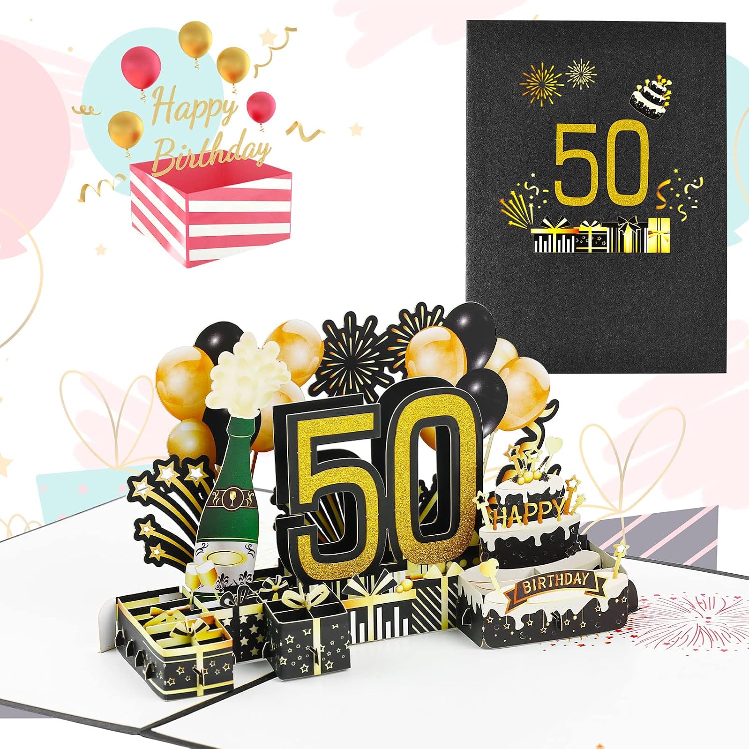Detalle de Joyoldelf Biglietto di Auguri di Compleanno 50° Pop-Up 3D con Busta - Per Donne, Mamme, Ragazze, Uomini, Amici