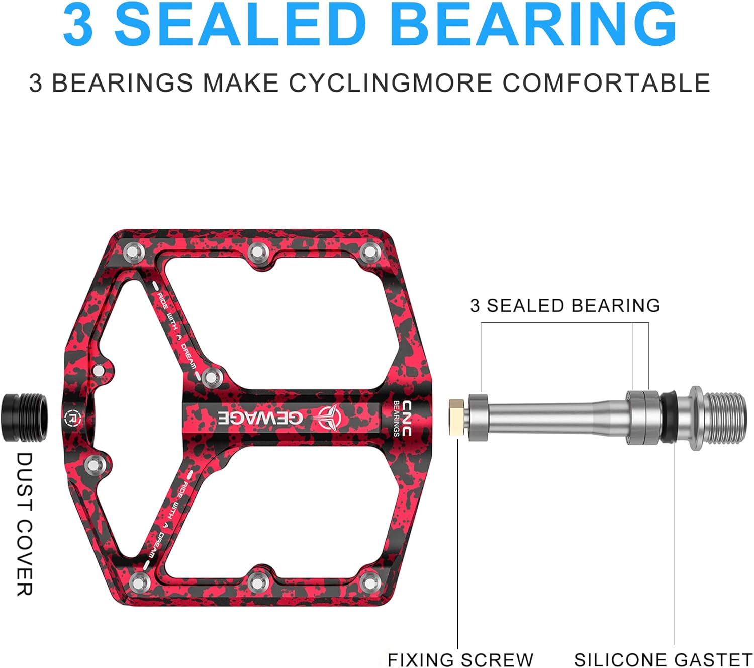Thumbnail 3 de GEWAGE Pédales plates 9/16" CNC usinées pour vélo route/VTT, 3 roulements et picots antidérapants amovibles