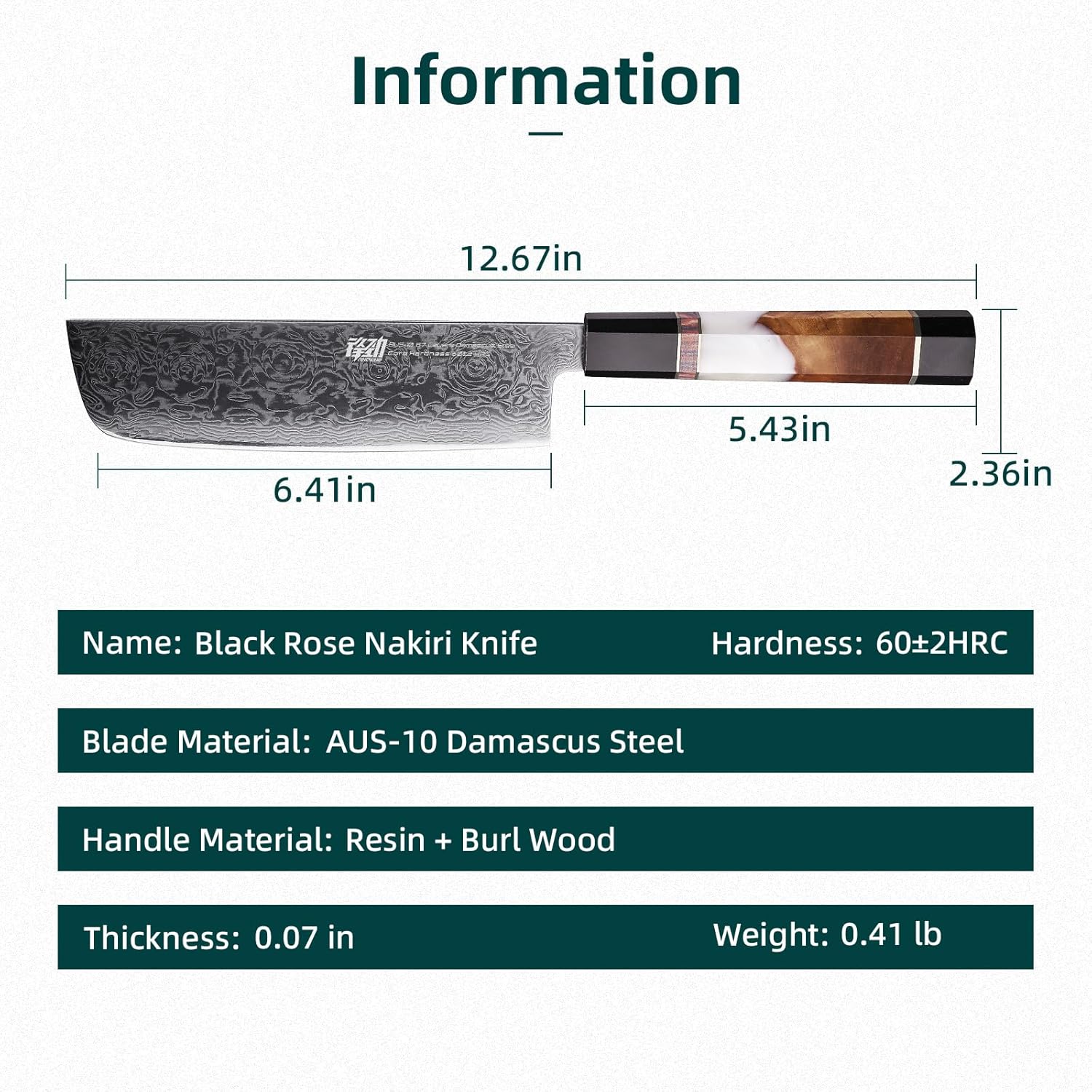 Detalle de FINDKING Couteau Nakiri Japonais – Lame Damascus AUS-10 16,3 cm – Série BLACK-ROSE