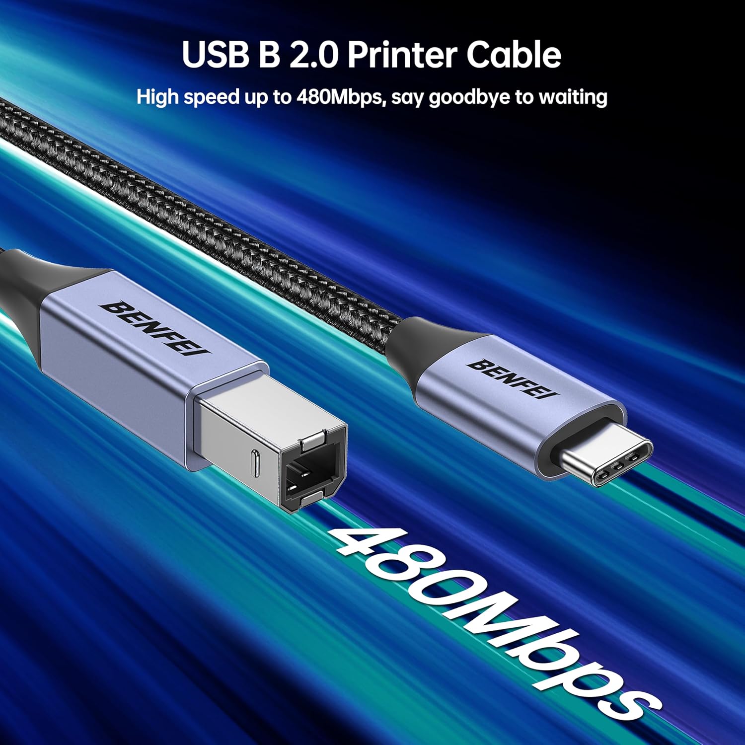 Detalle de BENFEI USB B to USB C Printer Cable 2M – Nylon Braided, Premium Aluminium Case