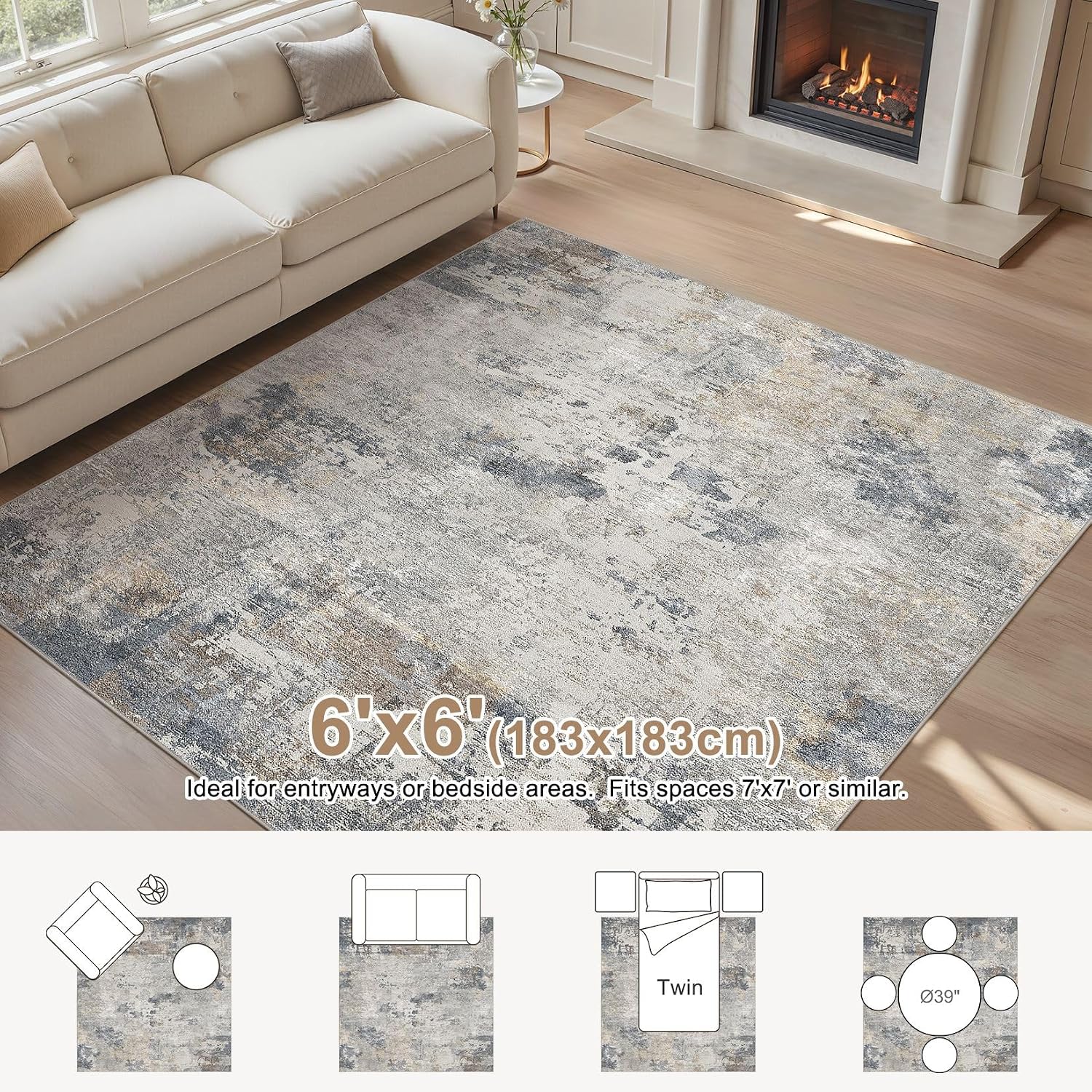 Detalle de UERMEI 6' x 6' Square Area Rug, Washable Blue Grey Abstract Design