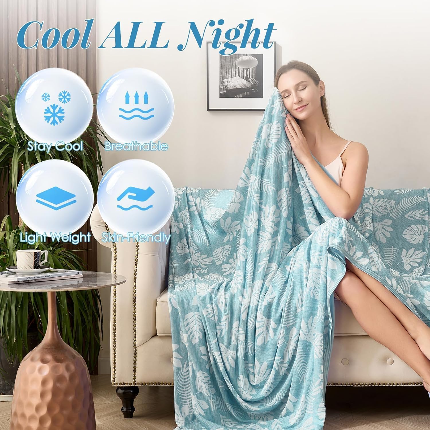 Detalle de RUMBALUXY Cooling Blanket for Hot Sleepers — Soft, Lightweight Summer Blanket (Green, Double 153 x 203cm, Tropical)