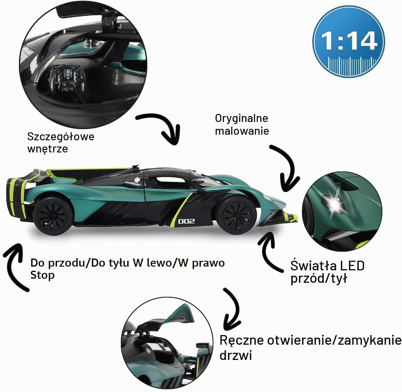 Detalle 2 de JAMARA Aston Martin Valkyrie AMR Pro 1:14 – ciemnozielony samochód RC z LED