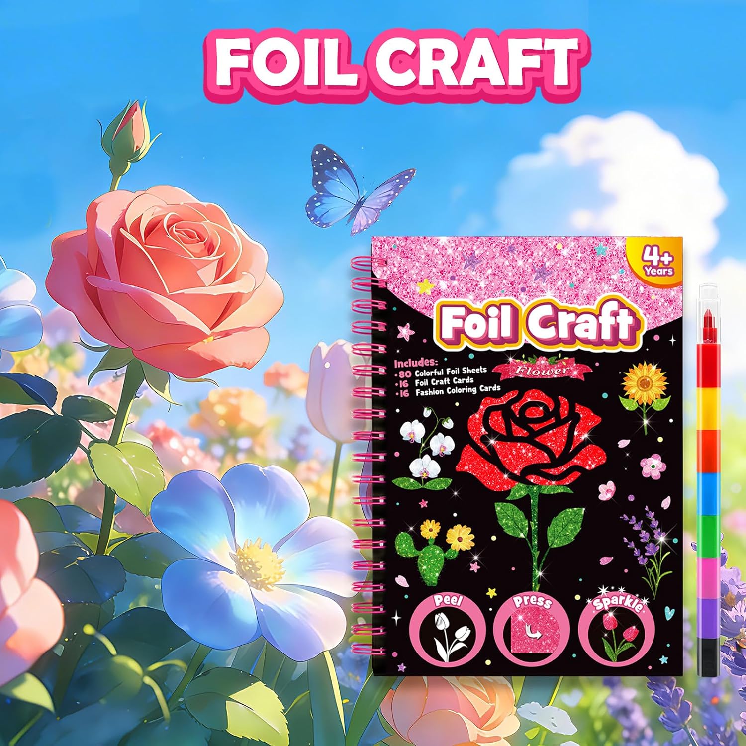 Detalle de LIKYMO Foil Art for Kids – Foil Craft Book Kit for Creative Play (Flowers)