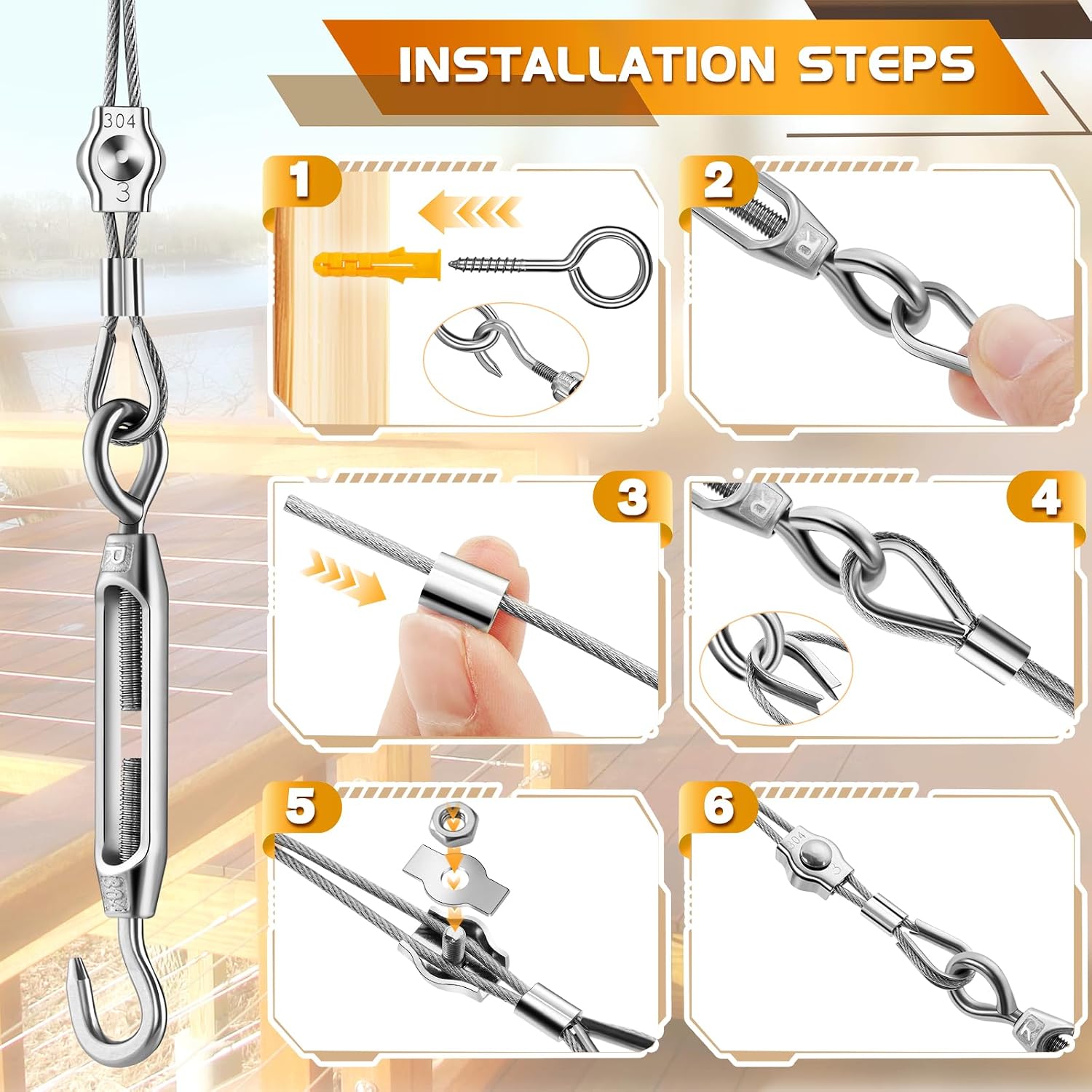 Thumbnail 3 de 94-piece 304 Stainless Steel Wire Rope Kit (PVC Coated) with M4 Turnbuckles – 60m Garden Wire