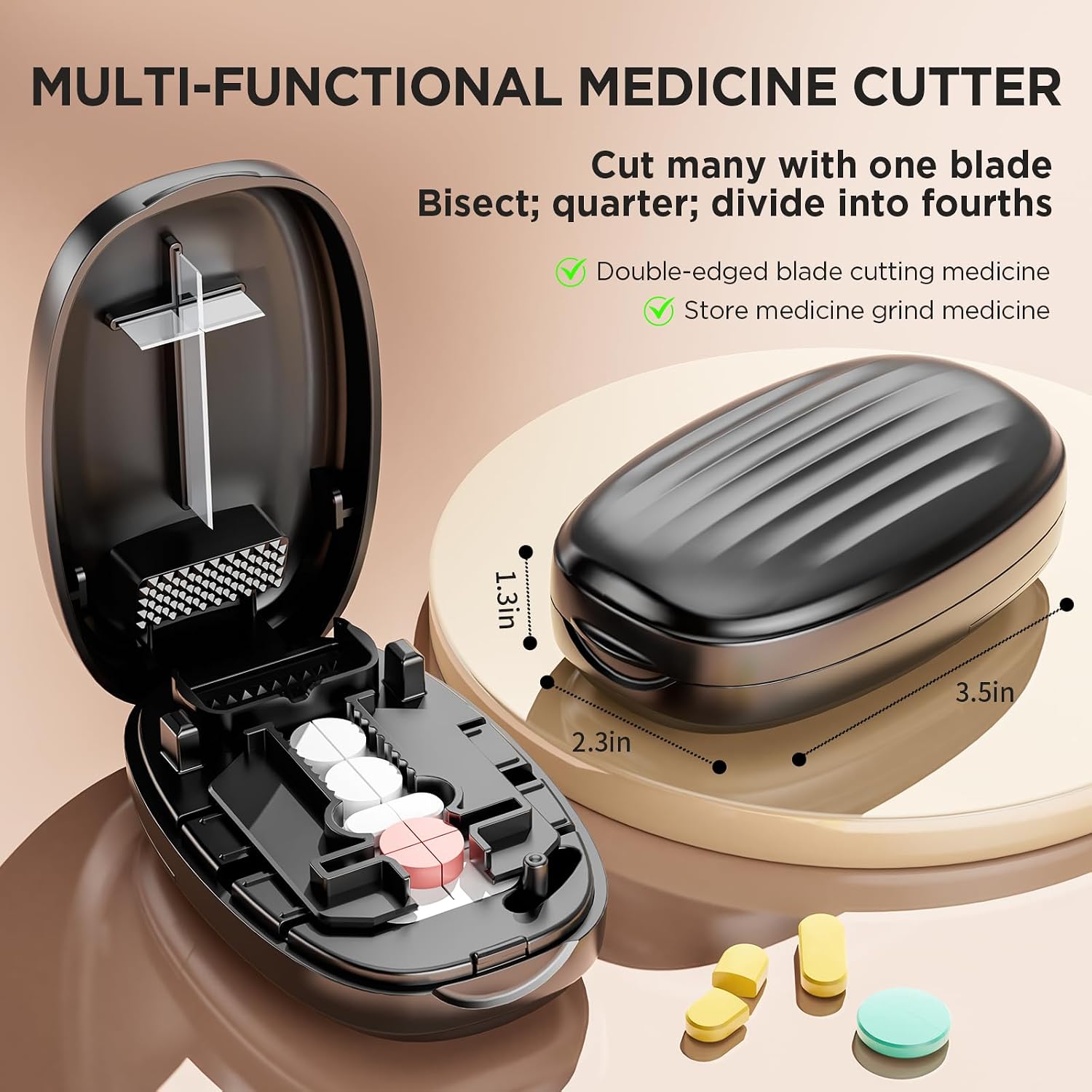 Detalle de Pill Cutter Splitter for Small and Tiny Pills — Travel-Size, Stainless Steel Blade, Back Storage