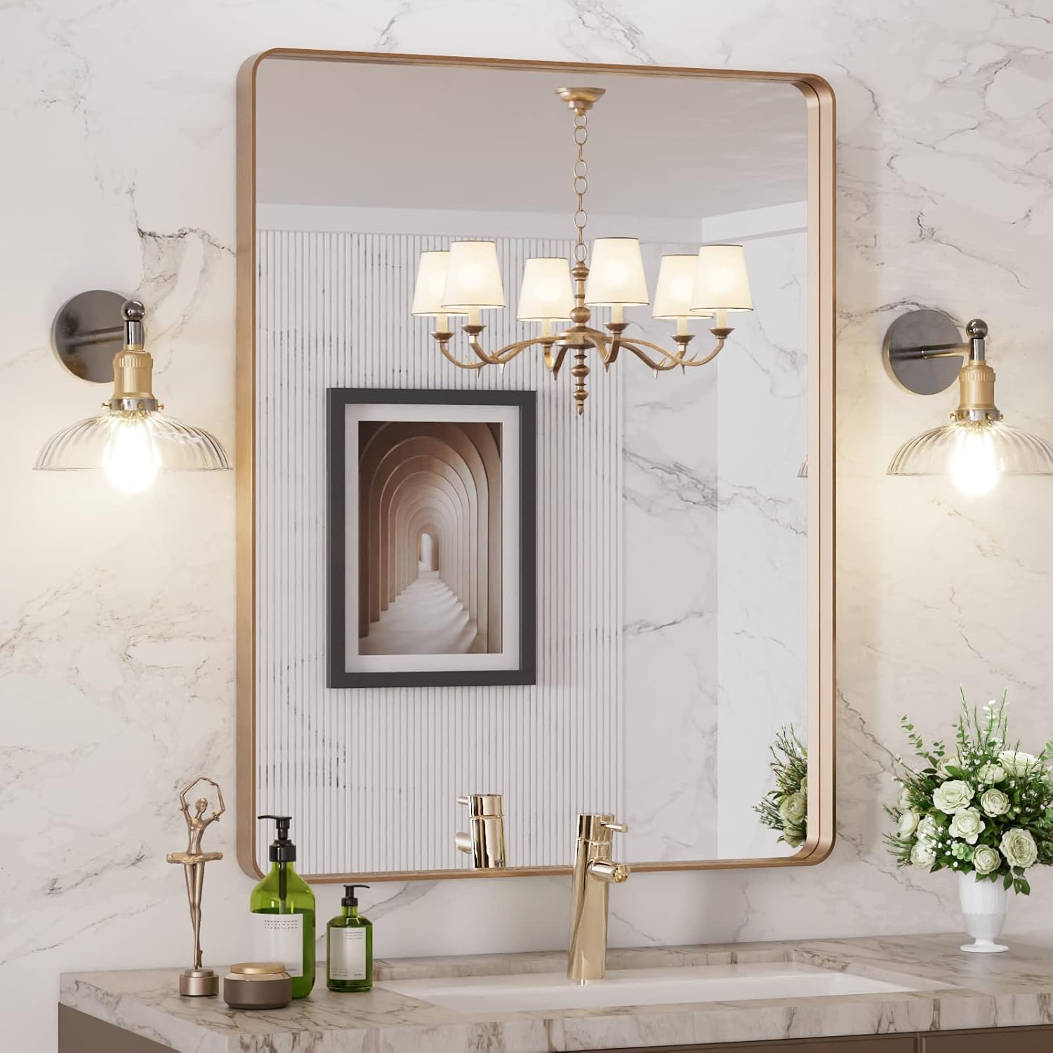 Thumbnail 6 de LOAAO 28”x36” Gold Bathroom Mirror with Rounded Rectangle Frame