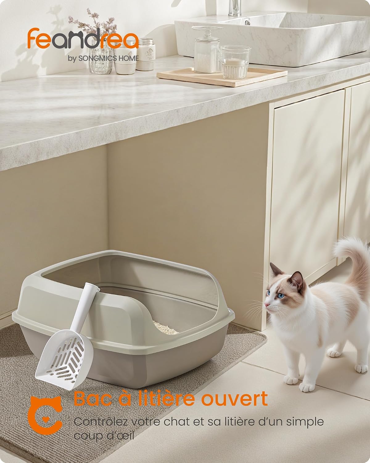 Detalle de Feandrea bac à litière XXL pour chat à parois hautes, ouvert sur le dessus, avec pelle (beige cappuccino) PPT010LH01