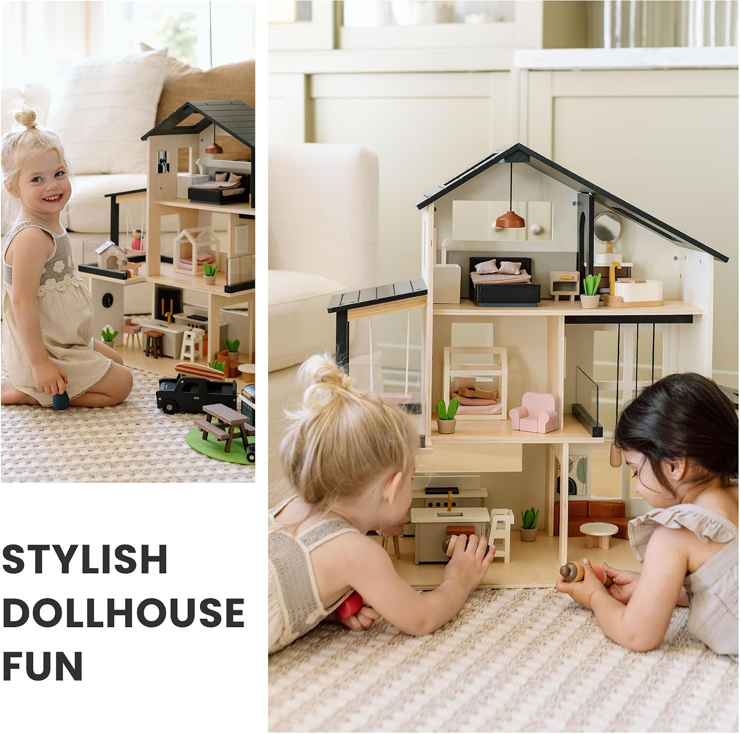 Detalle 2 de Tiny Land Wooden Doll House: Modern Family 7-Room Dollhouse with 53 Accessories