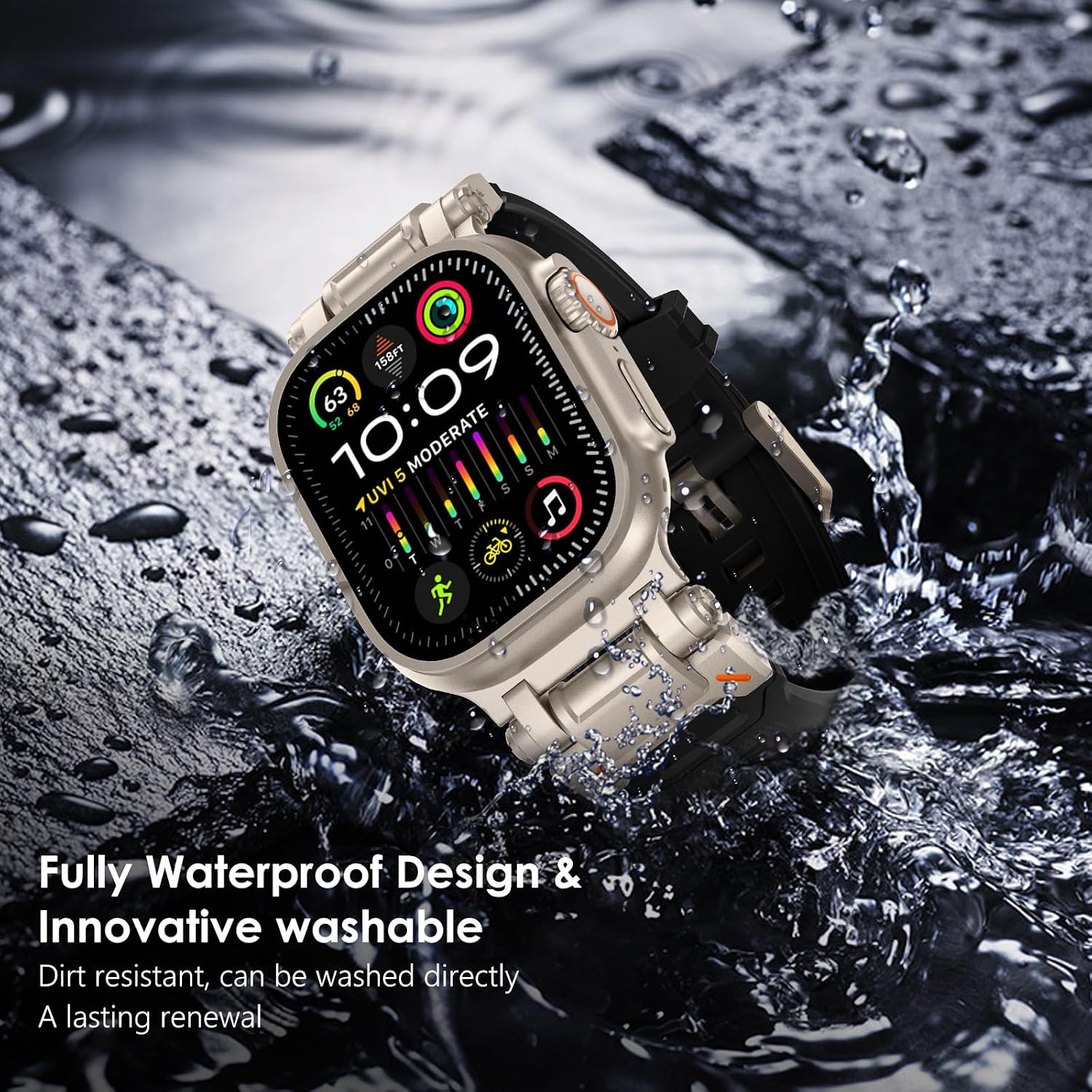 Detalle 2 de Fullife silicone Apple Watch sport strap with stainless steel connector (blue, titanium-style connector) for 42–49mm