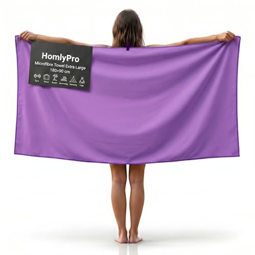 Detalle de HomlyPro Microfibre Towel Extra Large 180x90cm (Purple) – Quick Dry, Lightweight & Super Soft