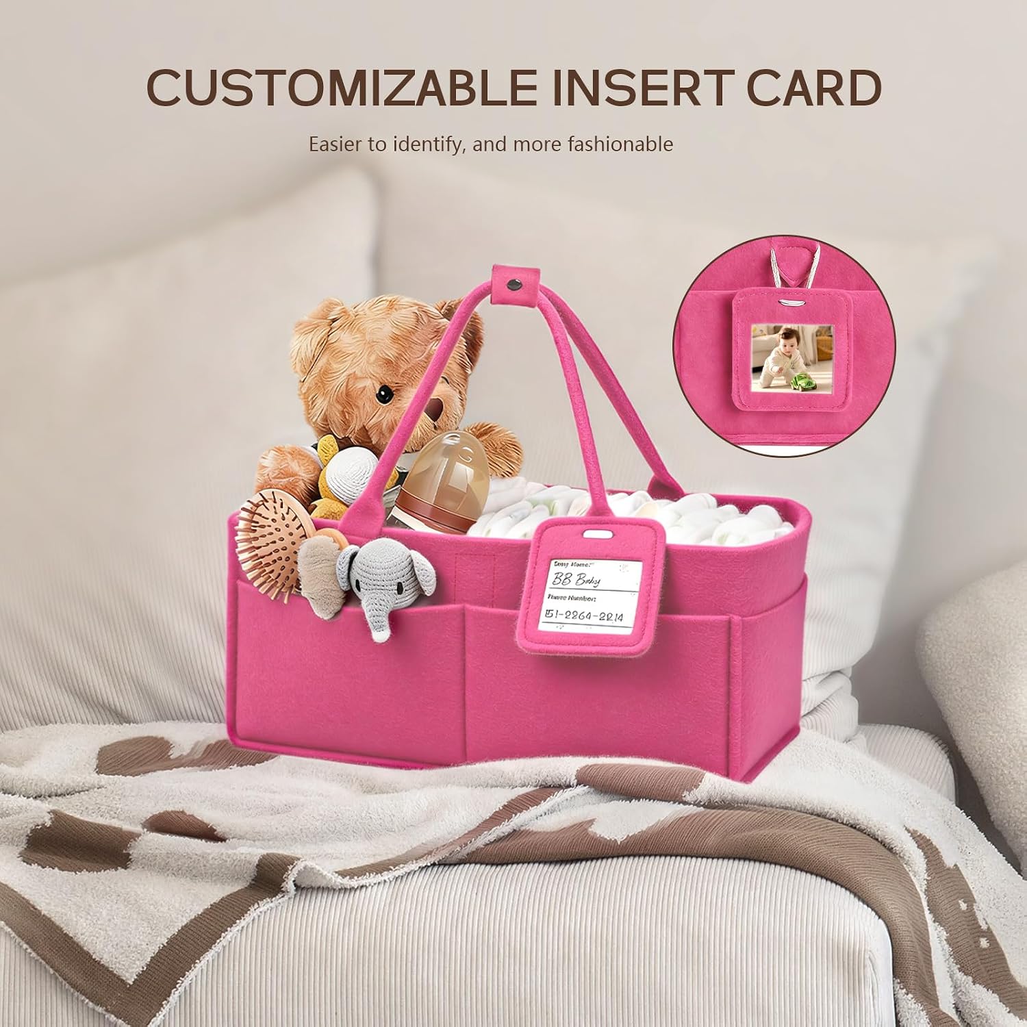 Thumbnail 6 de GEMII diaper caddy organizer, Large Pink Felt Baby Caddy with Handle