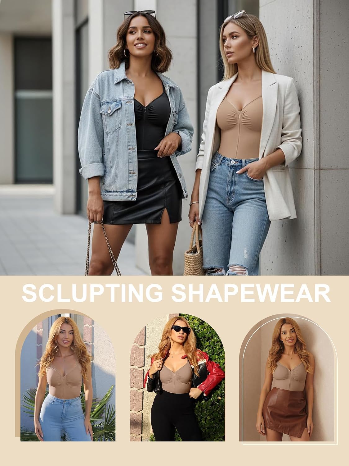 Detalle 2 de SHAPERX Women's Shapewear Bodysuit with Zip, Inner Hooks and Adjustable Straps