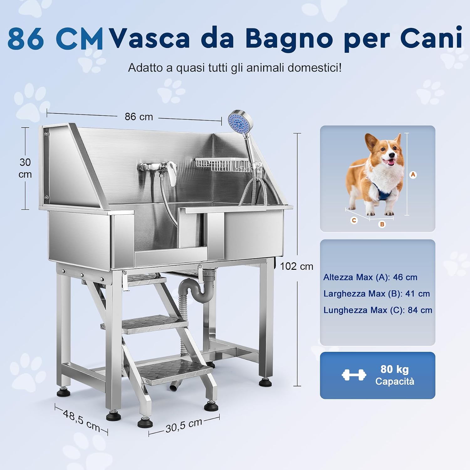 Thumbnail 3 de CO-Z Vasca da Bagno per Cani da 86 cm in Acciaio Inossidabile – Toelettatura Professionale con Scale, Rubinetto e Soffione
