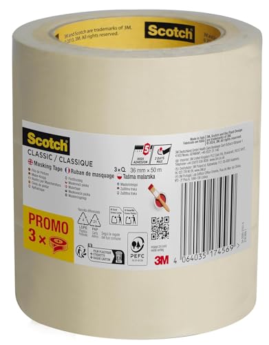 Detalle de Scotch Ruban de Masquage Classique – Pack Promo de 3 Rouleaux 36 mm x 50 m, Beige (PEFC 70%), pour Peinture et Décoration Intérieure