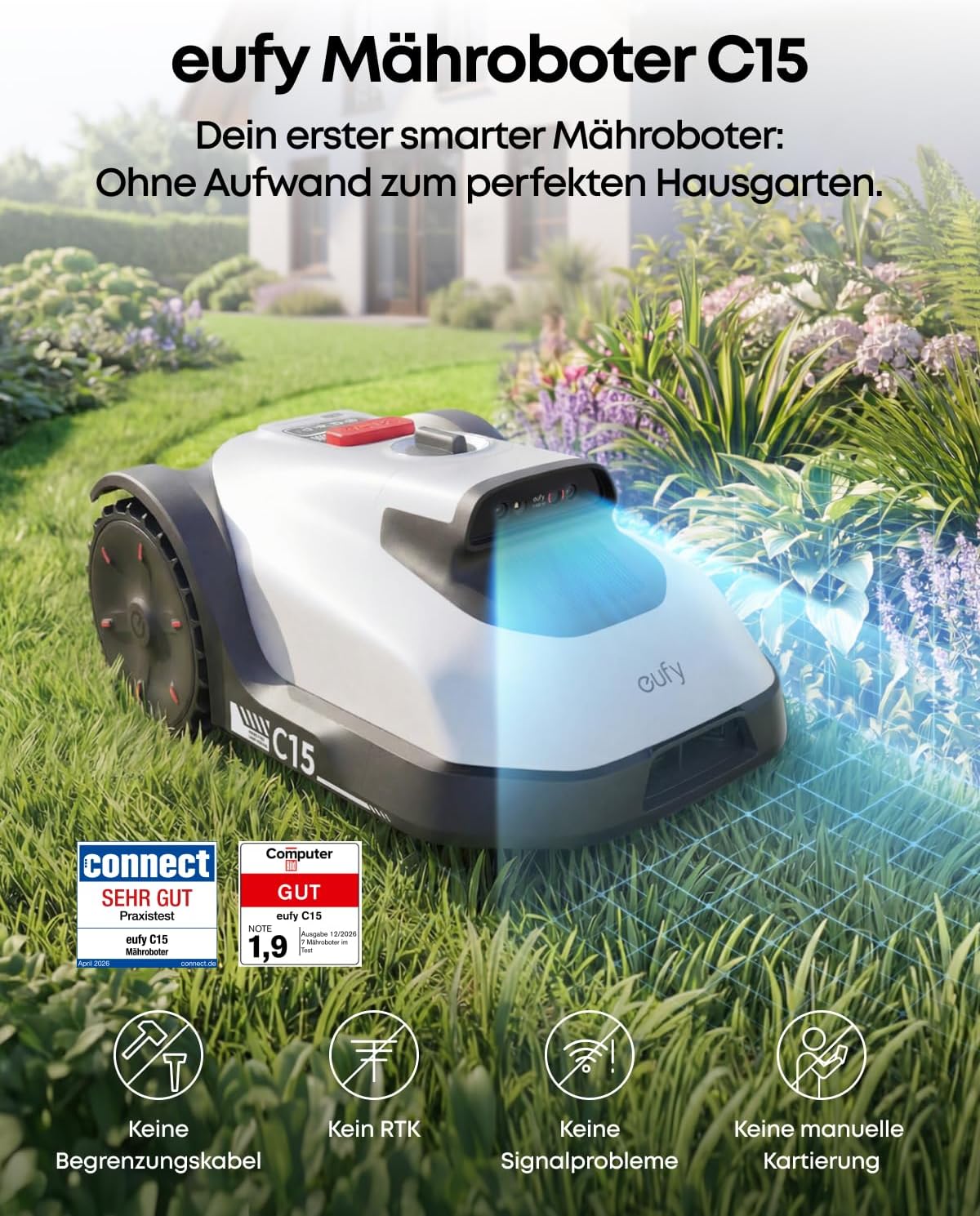 Detalle 2 de eufy C15 Mähroboter – autonomes Rasenmähen ohne Begrenzungskabel (bis 500 m²)