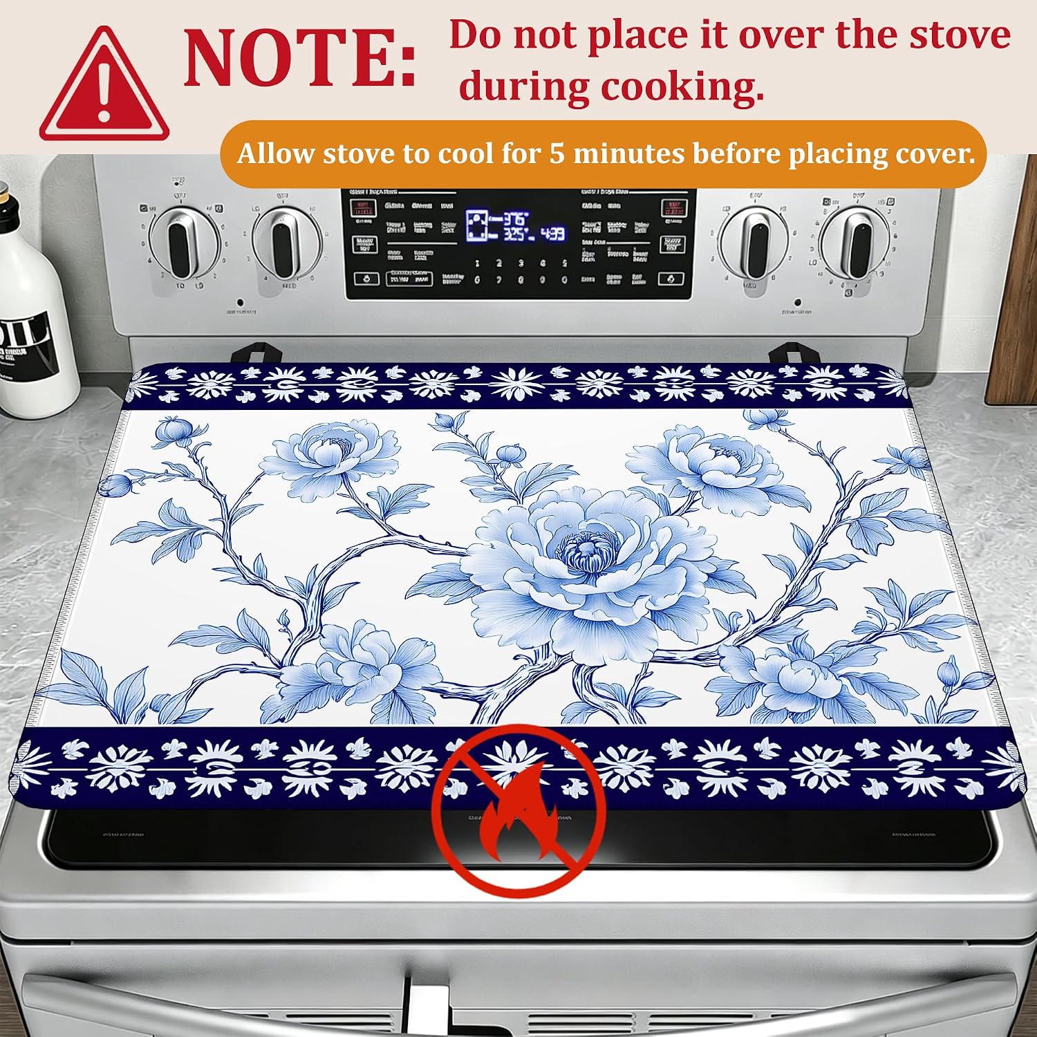 Detalle de YIKTI Blue Floral Stove Top Cover, 28 x 20 Inch Heat-Resistant Mat