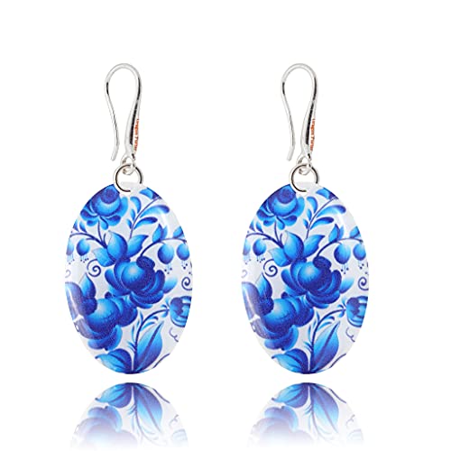 Detalle de Dragon Porter Style 21, boucles d’oreilles pendantes fleur blanc et bleu roi