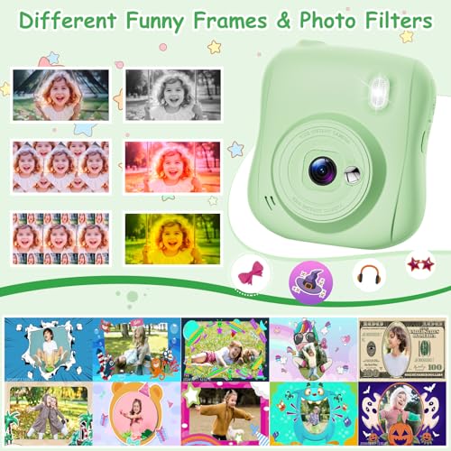 Detalle de Hangrui Cámara Fotos Infantil Instantánea 1080P con Tarjeta 32GB, Papel + Bolígrafos de Colores – Verde