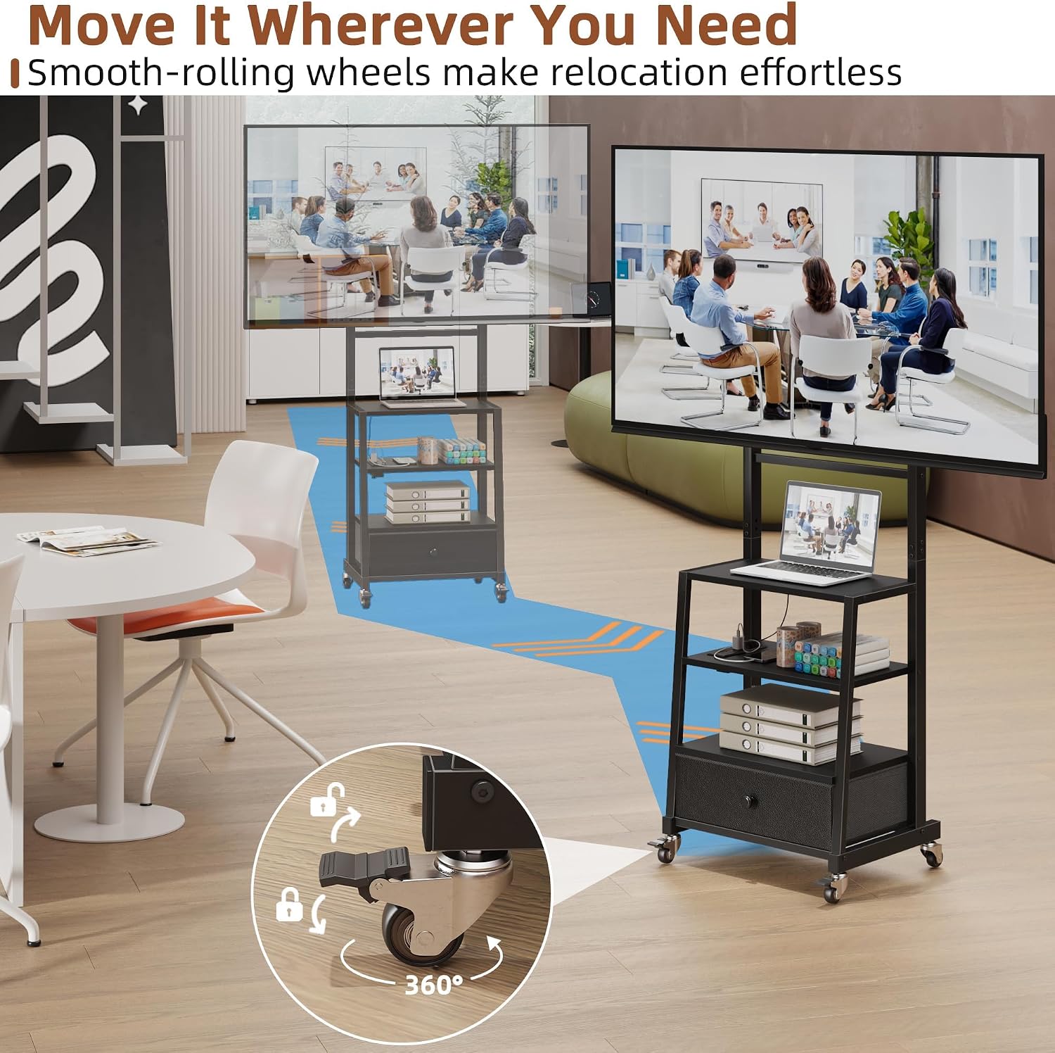 Detalle 2 de AFLUI TVS022-BK Rolling TV Stand with Wheels, Metal Mount and Fabric Drawer