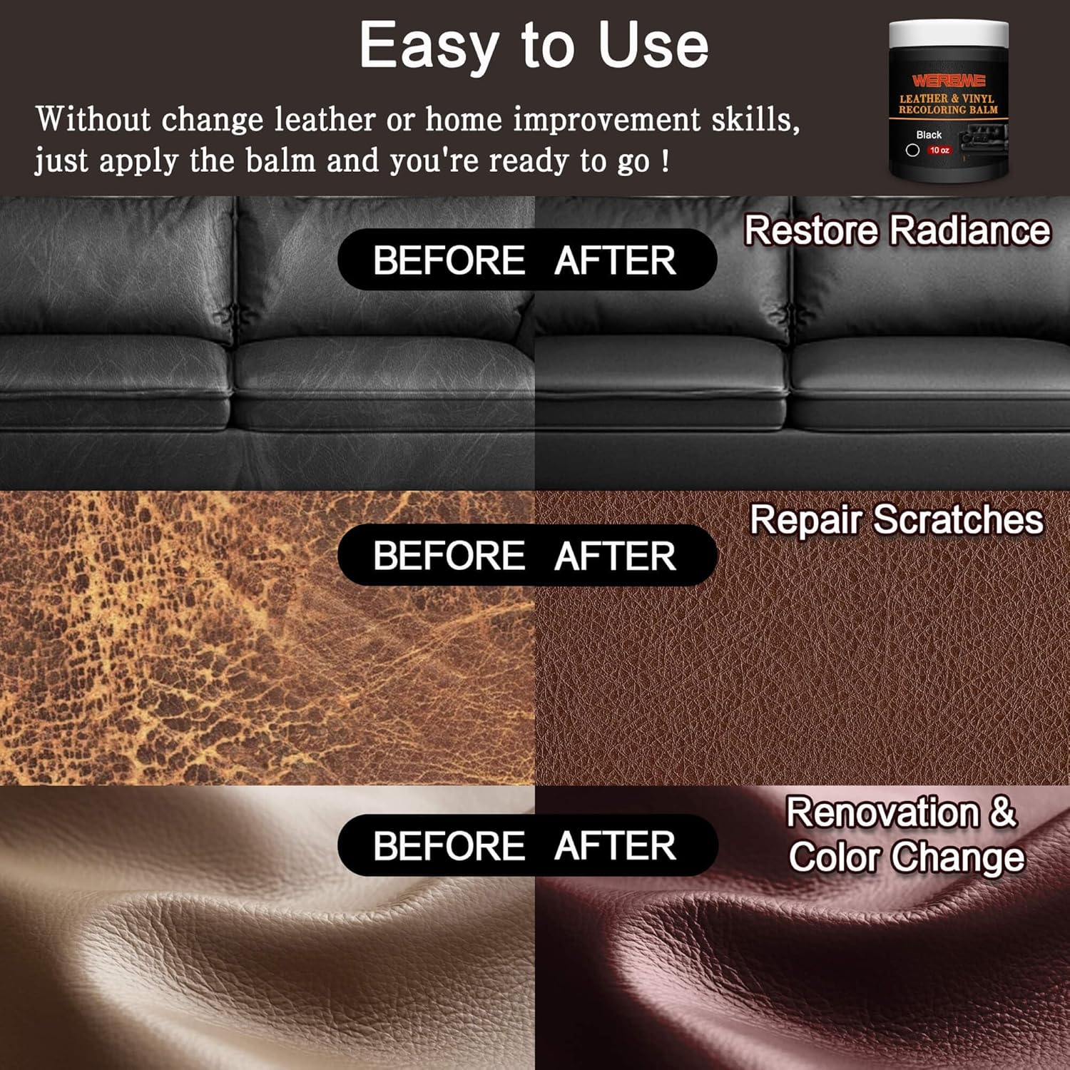 Thumbnail 2 de WERBME Leather Recoloring Balm & Color Restorer – 10 oz (Black)