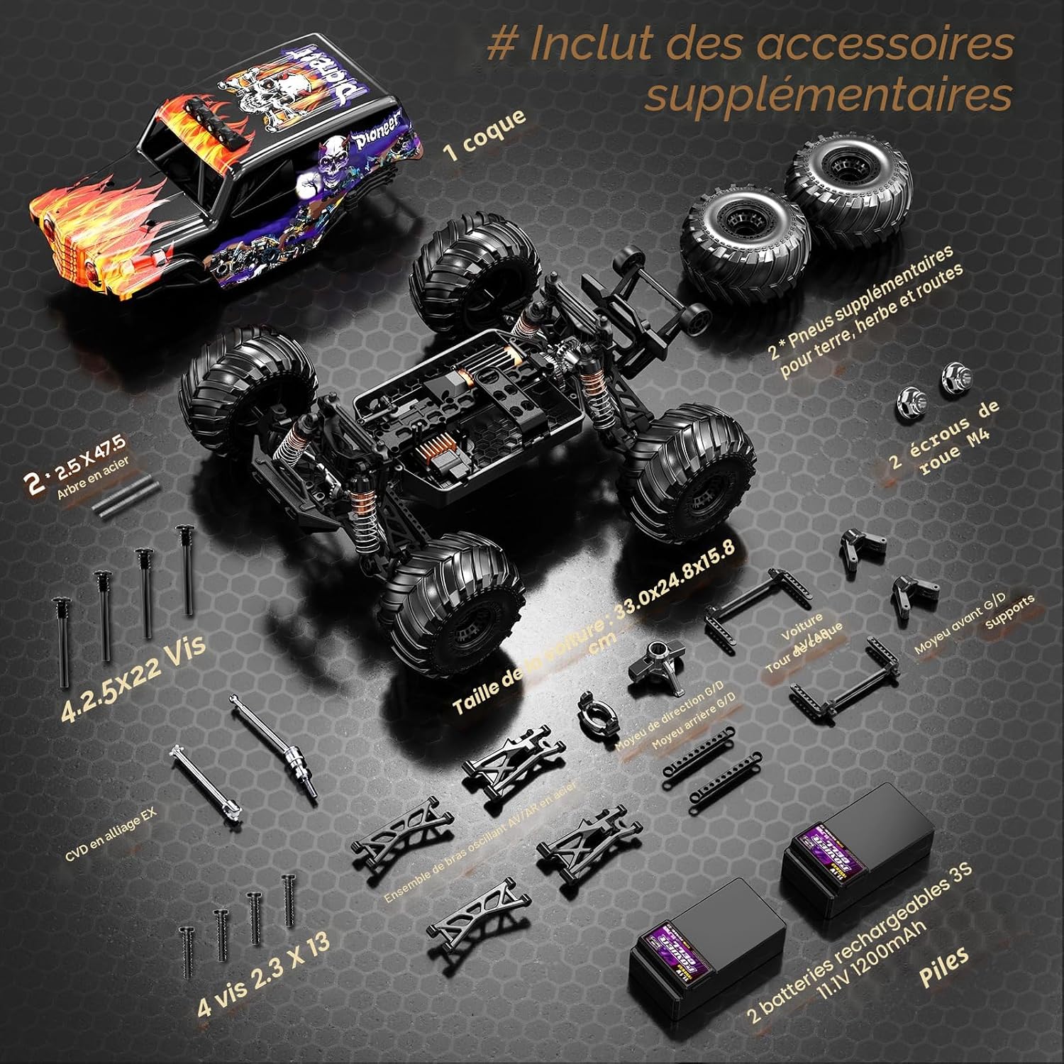 Detalle de Womaqu Voiture Télécommandée 1:14 Tout-Terrain Brushless 70 km/h – 4x4, 2 batteries 3S LiPo et Émetteur 2,4 GHz