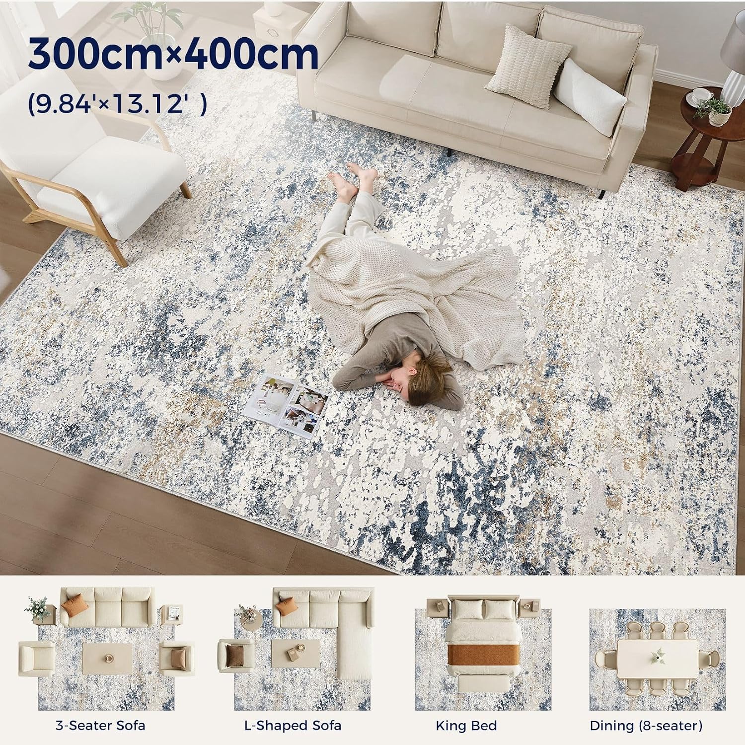 Detalle de DMOYEST 300x400cm Washable Rug for Living Room – Neutral Abstract, Non-Slip, Low-Pile Carpet