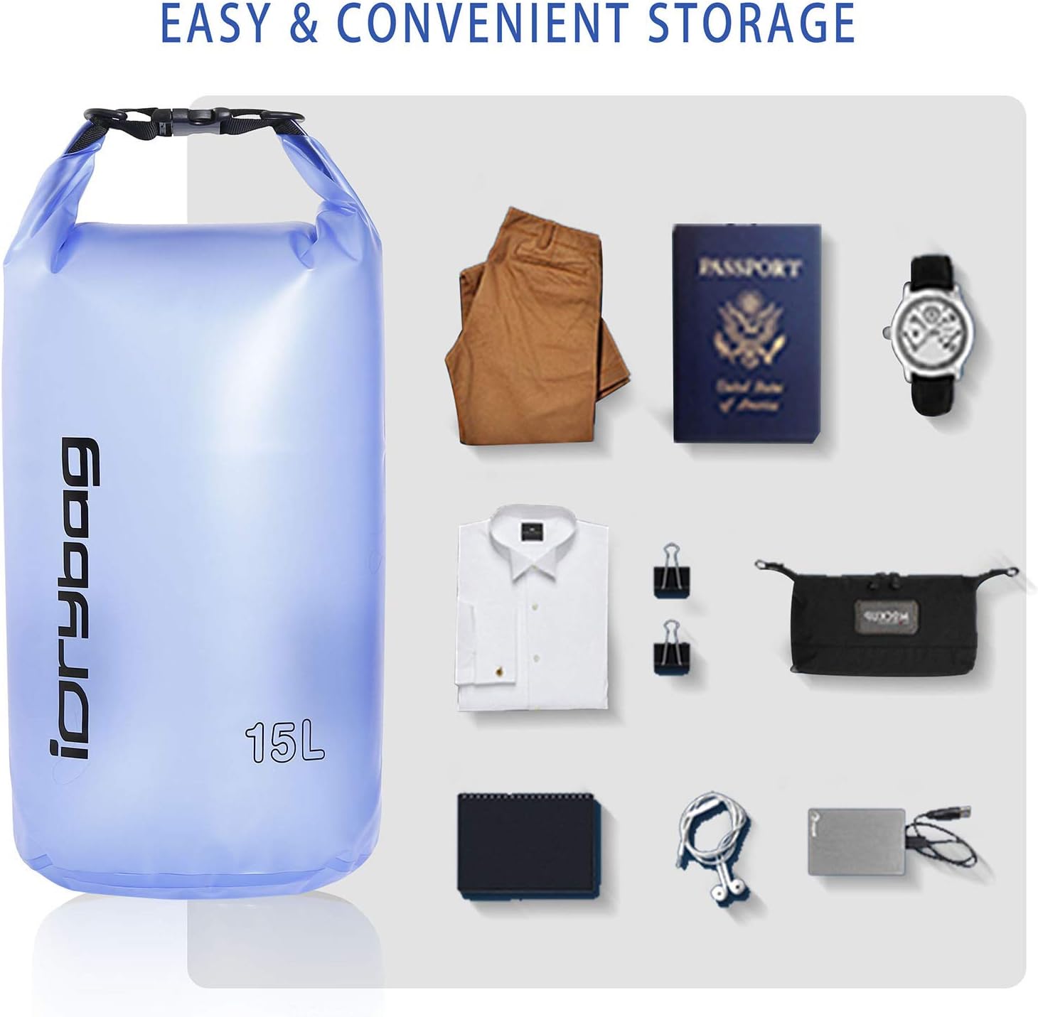 Detalle 2 de IDRYBAG Clear Dry Bag Waterproof (2L/5L/10L/15L/20L) – Clear PVC Dry Sack for Kayaking, Camping & Travel