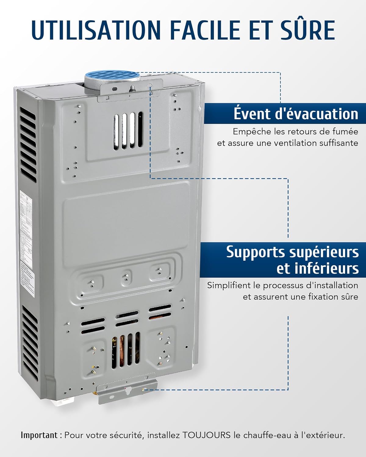 Detalle de CO-Z Chauffe-eau à gaz instantané 30,6 kW GPL – débit 18 L/min, portable pour extérieur