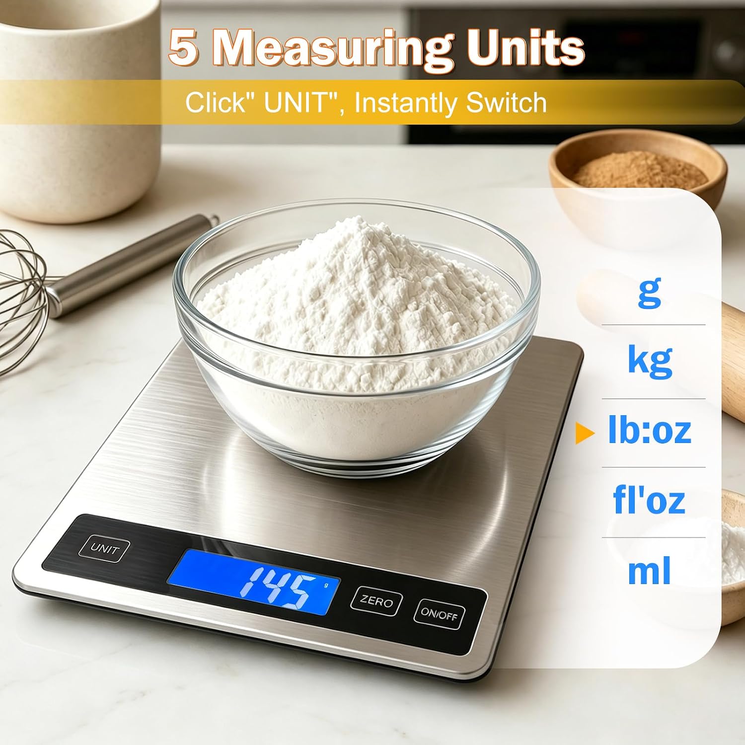 Detalle de Deweywei XDZC-001 Digital Kitchen Scale, 33 lb, Stainless Steel, USB Charging