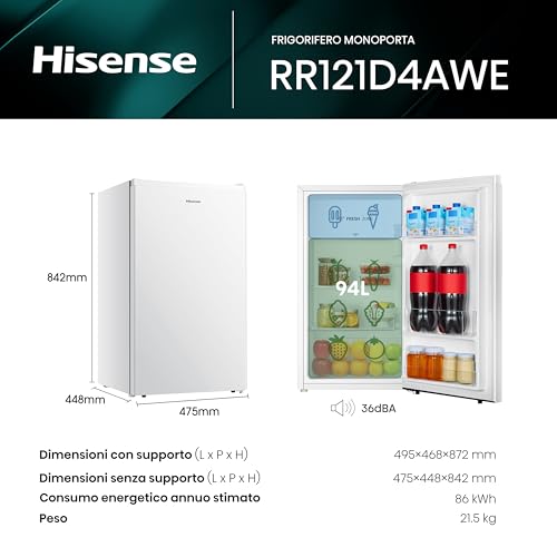Detalle de Hisense RR121D4AWE – Frigorifero monoporta 94 L, bianco, Fresh Zone