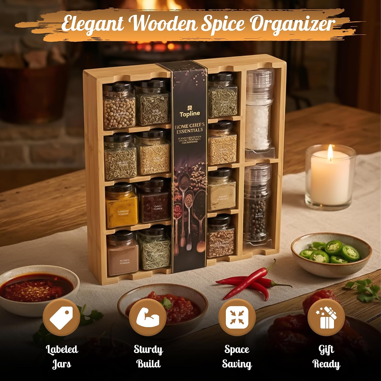 Thumbnail 1 de Topline Wooden Spice Rack with Spices Included – bamboo organiser with glass jars and salt & pepper grinders