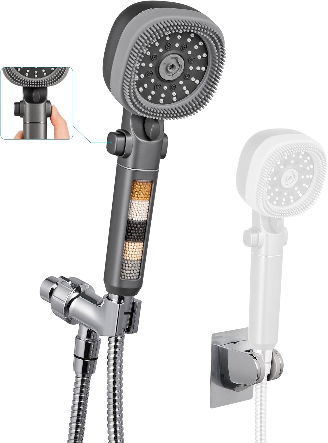 Detalle de Umyder Handheld Shower Head with 79in Hose: High-Pressure Filtered Shower Head with On/Off Pause and Wall Mount