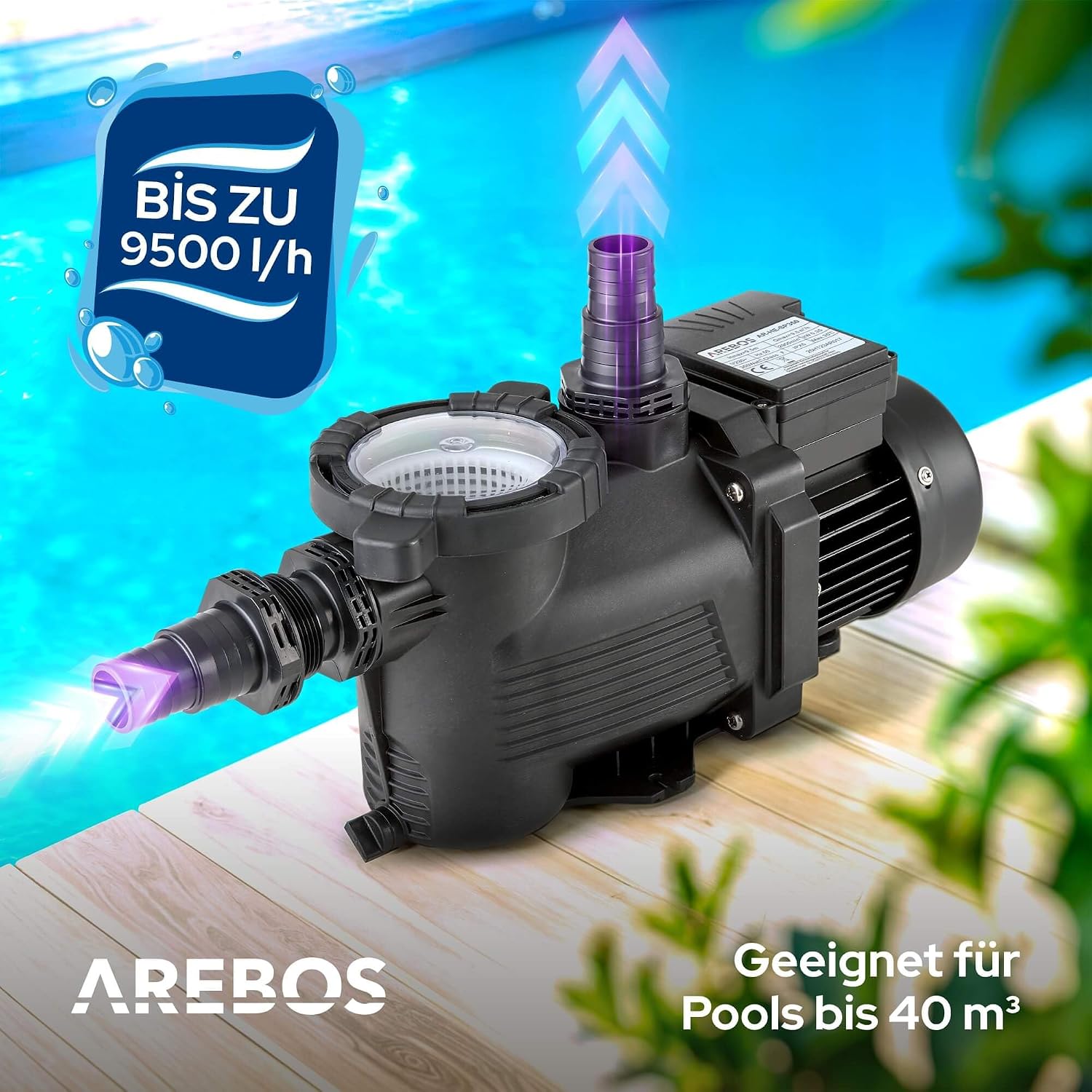 Detalle de AREBOS Schwimmbadpumpe 350 W (9500 l/h) mit Vorfilter – Filterpumpe für Pool-Sandfilteranlagen