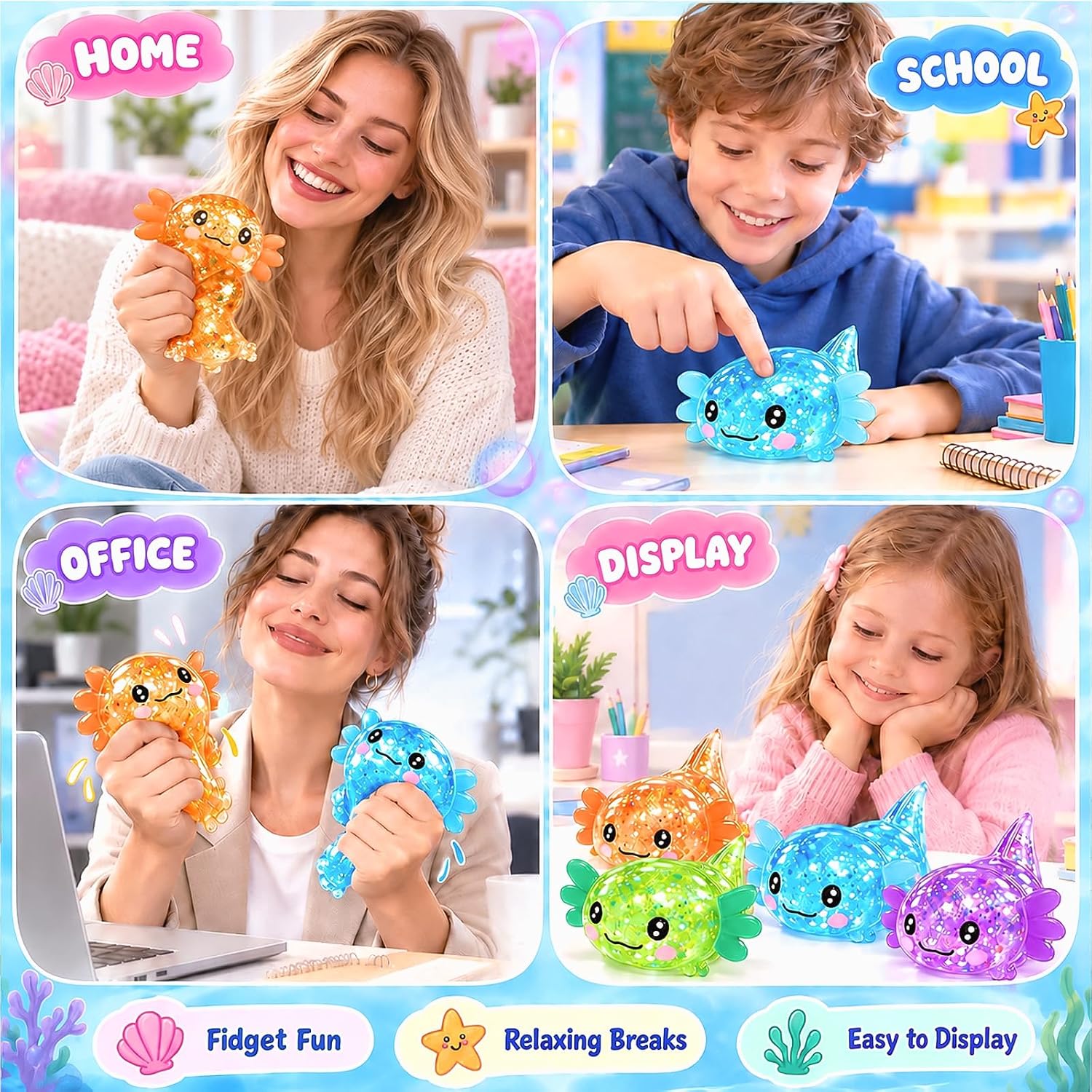 Detalle 2 de BREIS zhanli-ry Axolotl Squishy Fidget Toys, 4-Pack in Four Colours