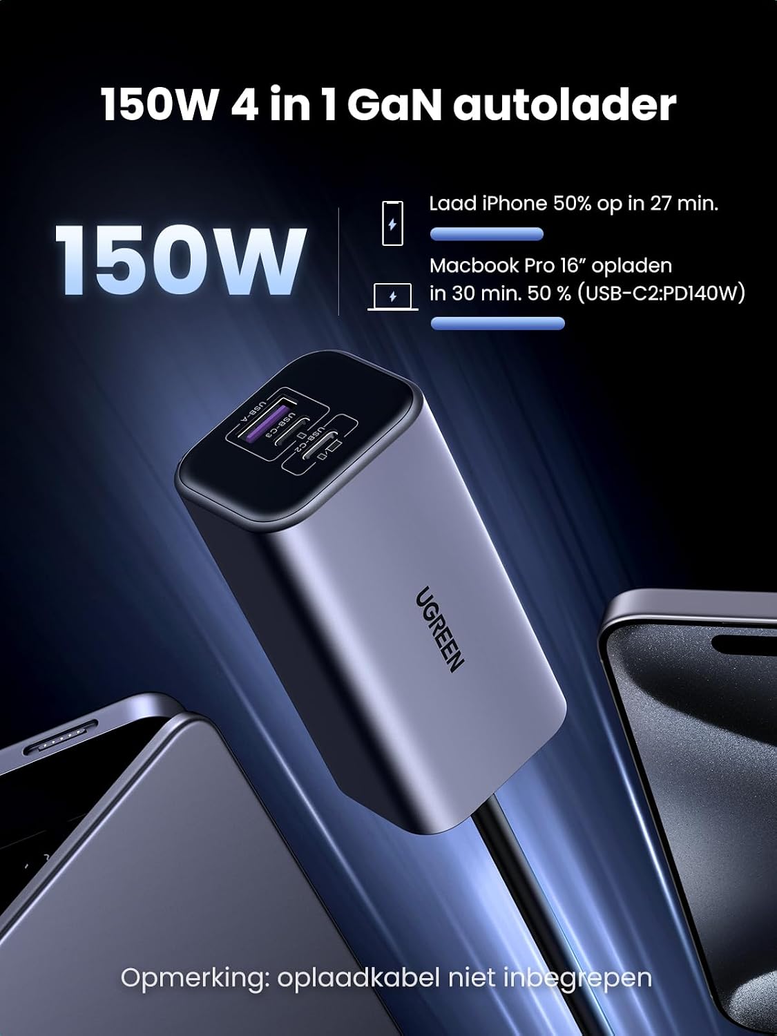 Detalle 2 de UGREEN 150W 4-in-1 autolader met 3 USB-C-poorten, USB-A en GaN