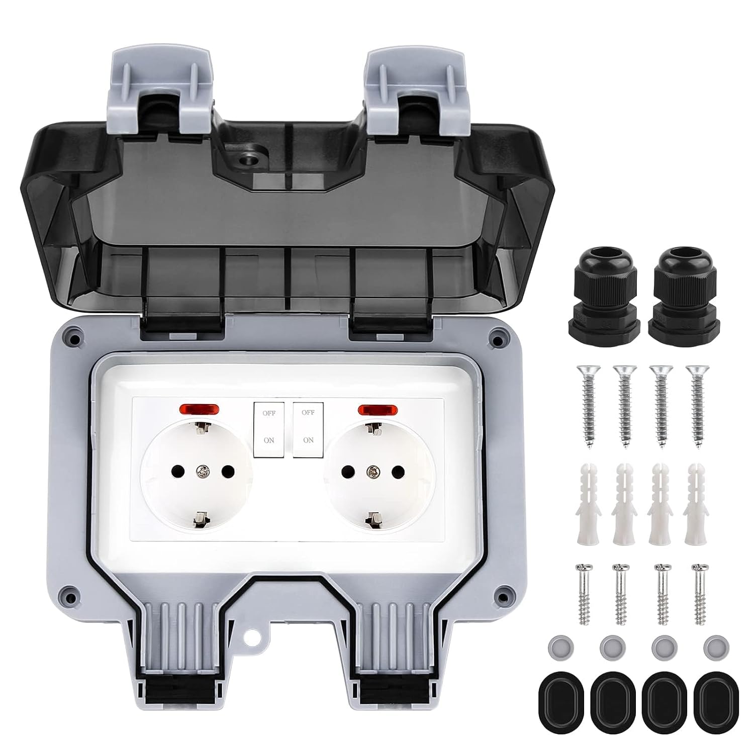 Detalle de HOSPAOP MPG2-G dubbel buitenstopcontact IP66 met schakelaars en klapdeksel