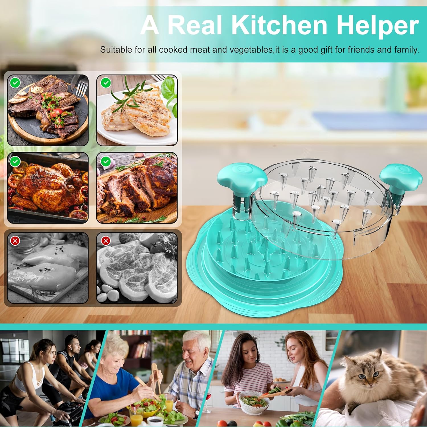 Thumbnail 4 de SURETIVIAN Large Chicken Shredder with Twist, Brush & Fork – Visible Shredding Lid, BPA Free, Mint Green