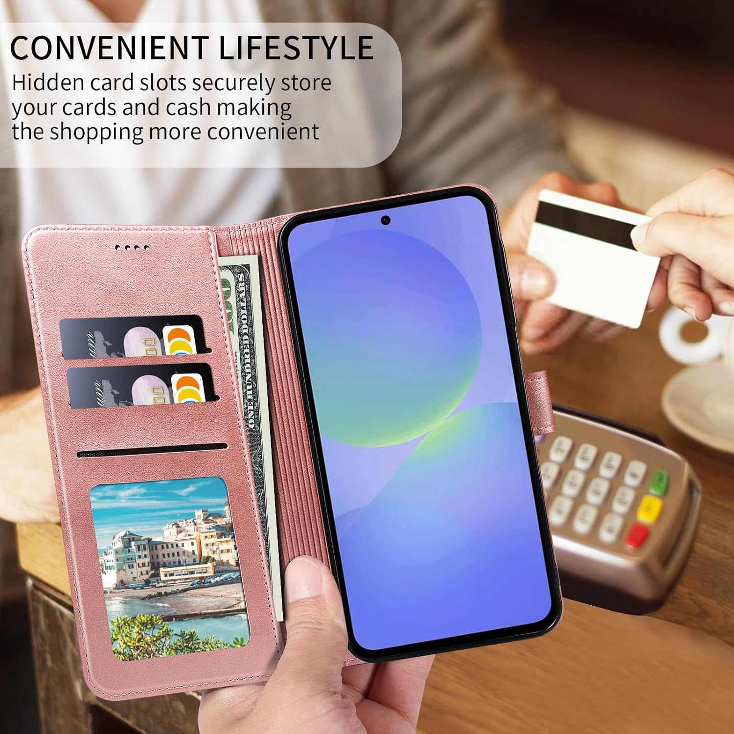 Thumbnail 3 de WAURZ Cover a libro in pelle per Samsung Galaxy A36 5G (rosa) con protezione schermo e porta carte