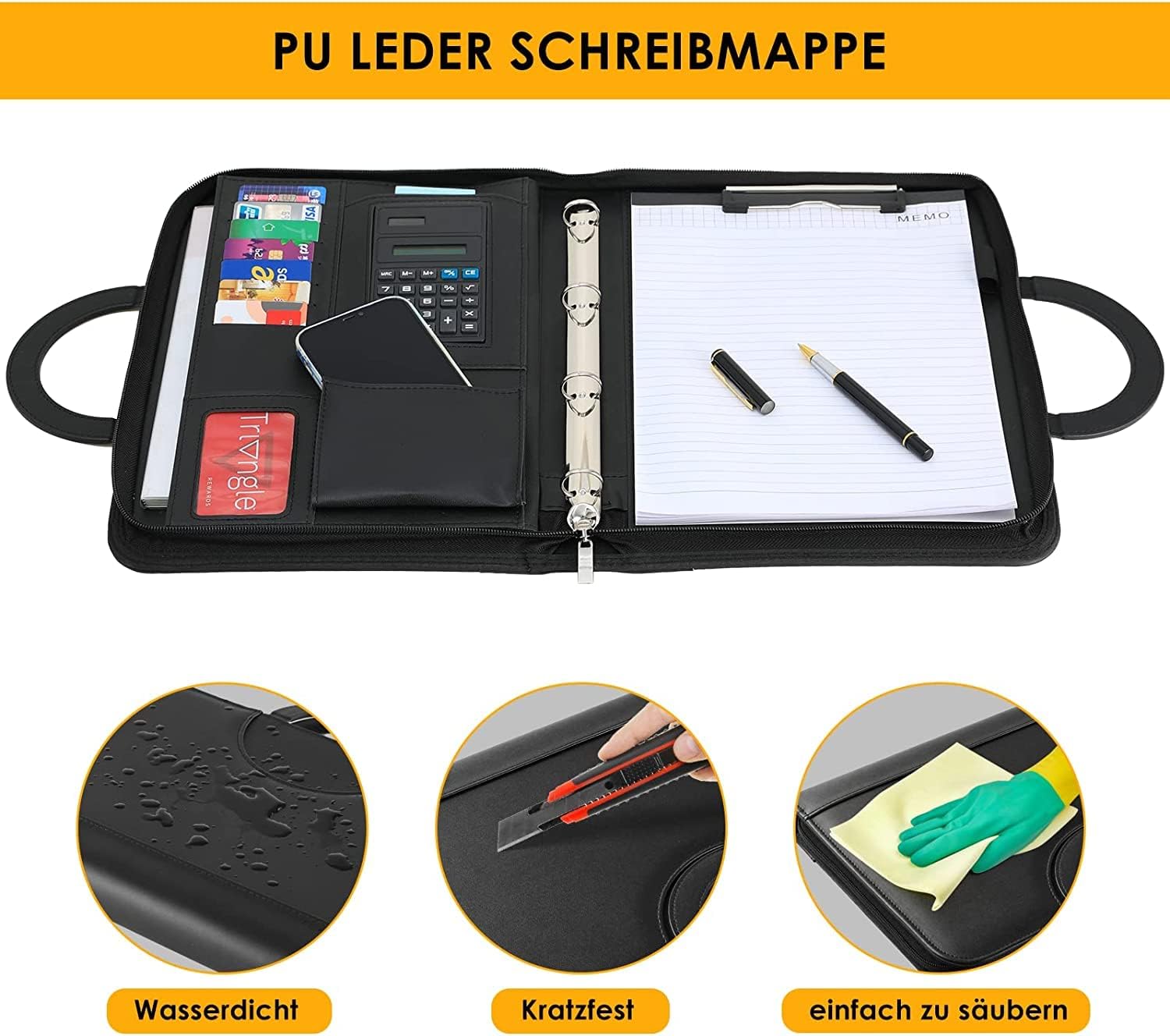 Thumbnail 3 de Cartella portadocumenti A4 in pelle con chiusura lampo e raccoglitore ad anelli – nero