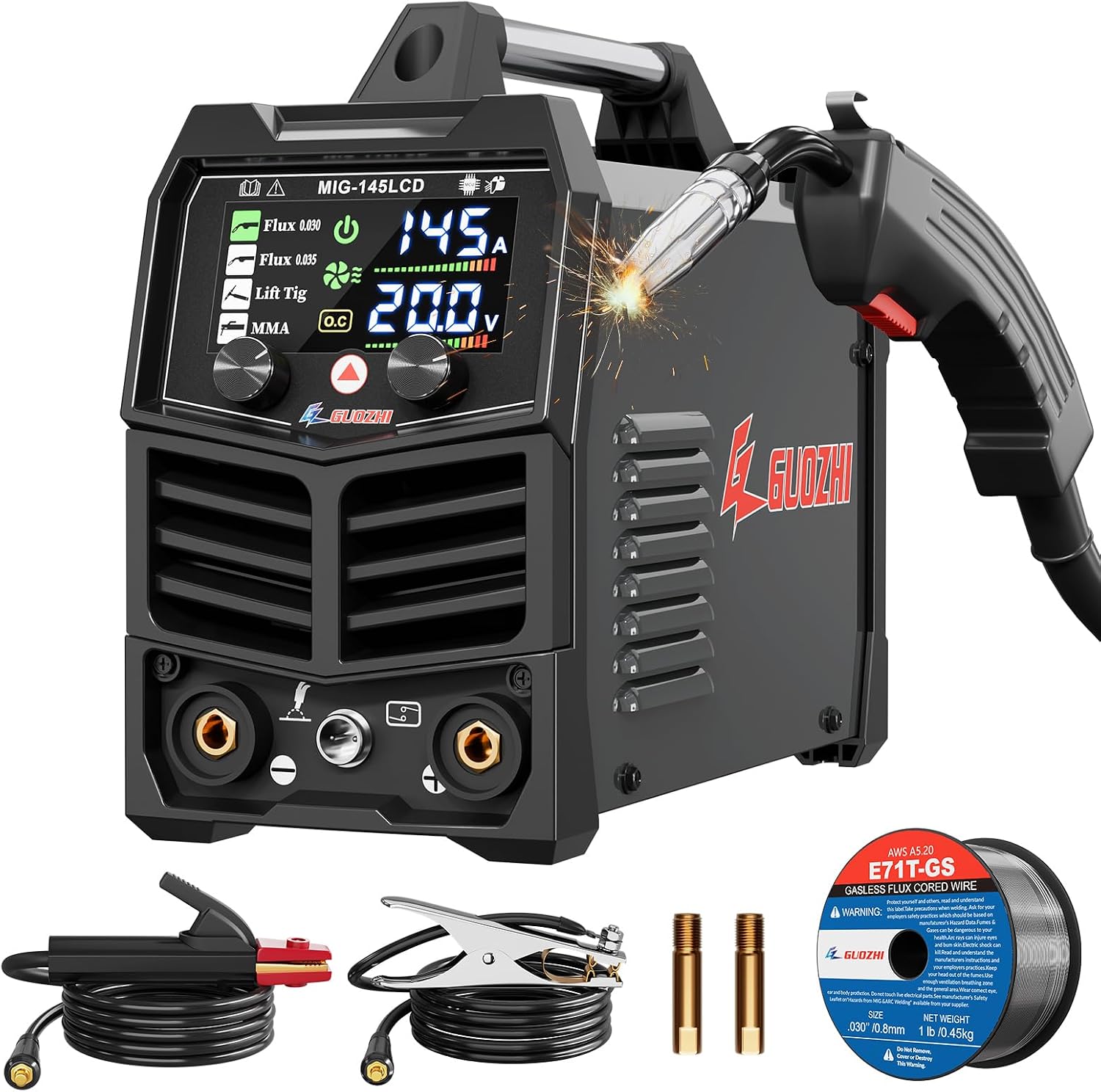 GZ GUOZHI 145A 3-in-1 MIG/ARC/Lift TIG Welder (110V) with Large LCD Display