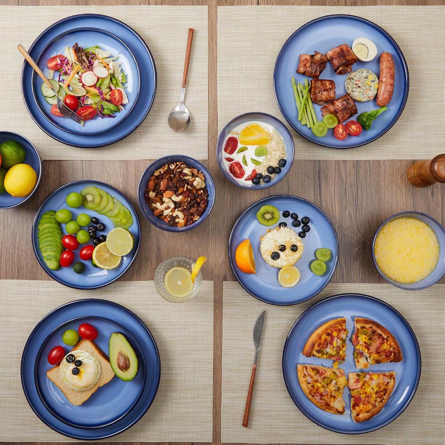 Detalle de Pokini Blue Stoneware Dinnerware Set, 12 pcs — Reactive Glaze Plates & Bowls for 4