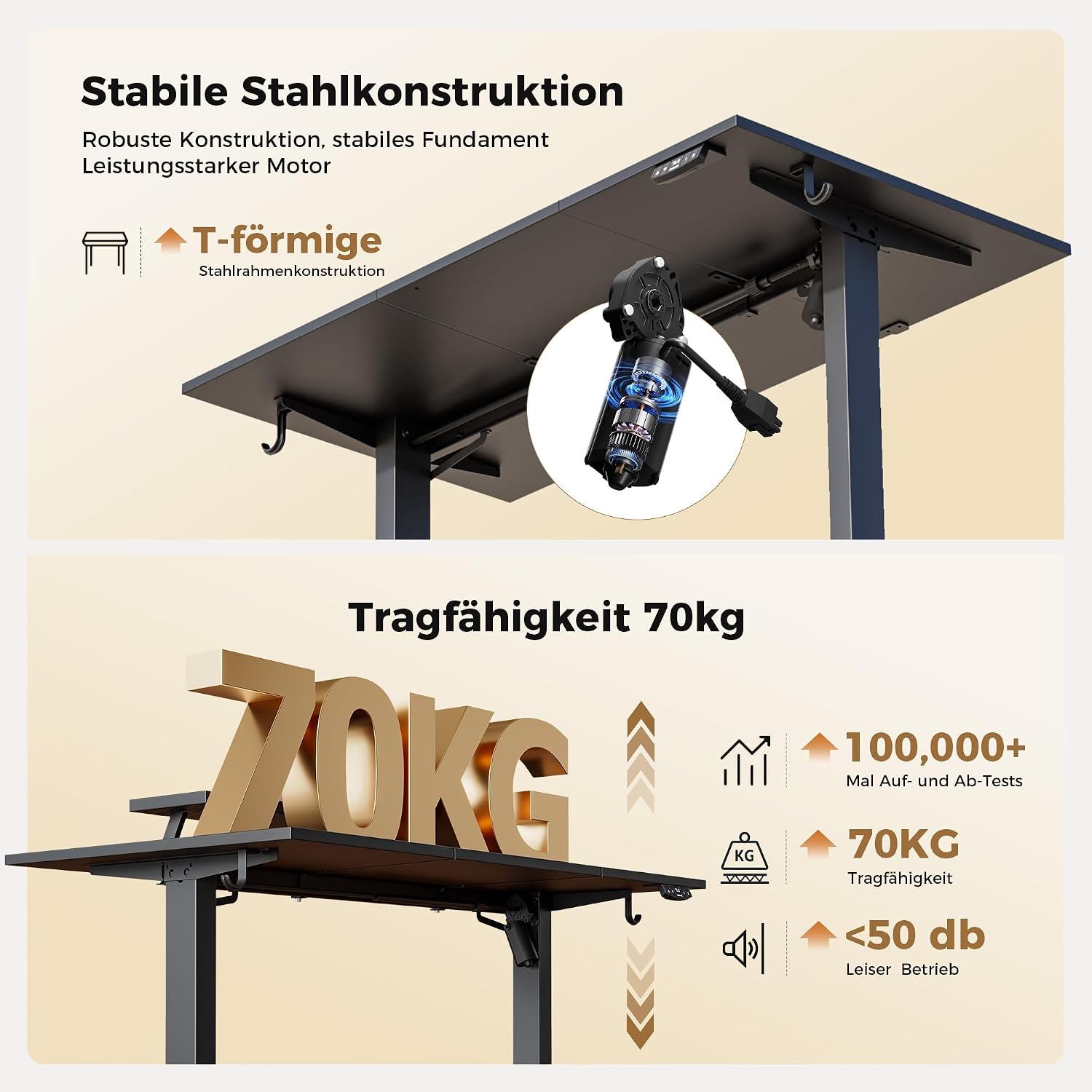 Detalle de Agilestic: Höhenverstellbarer Schreibtisch mit beweglichem Monitorständer – 120 x 60 cm, elektrisch, inkl. USB-Dose & LED-Lichtleiste