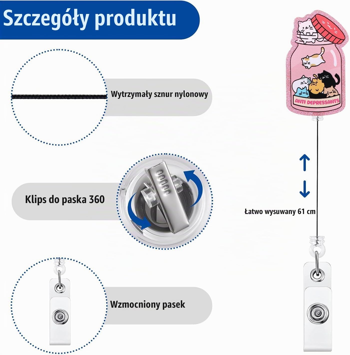 Detalle 2 de Newplenty wysuwany uchwyt na identyfikator z akrylu, z klipsem i kotem