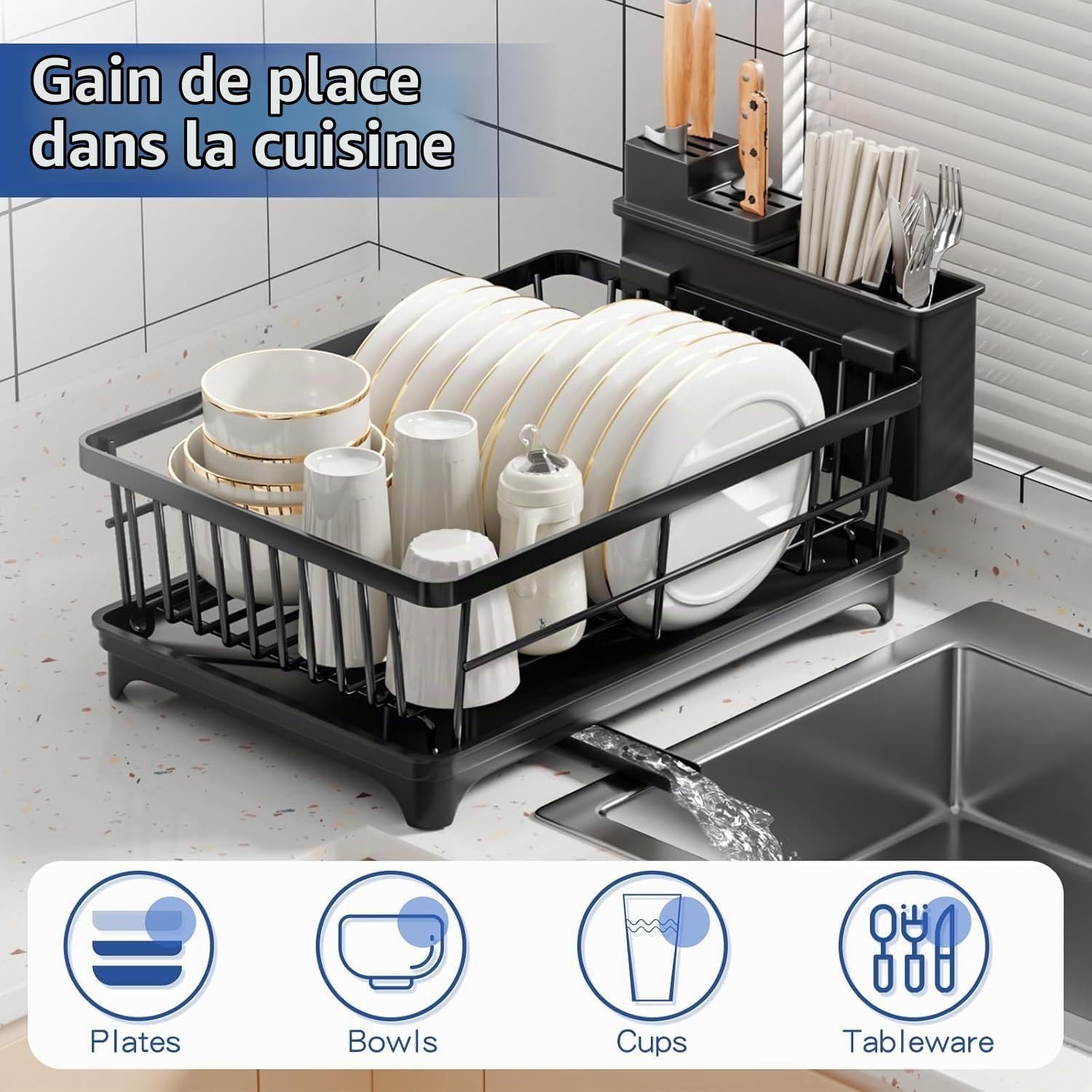 Detalle de PurKeep Égouttoir À Vaisselle Compact avec Porte-Ustensiles – Efficacité et organisation sur le plan de travail