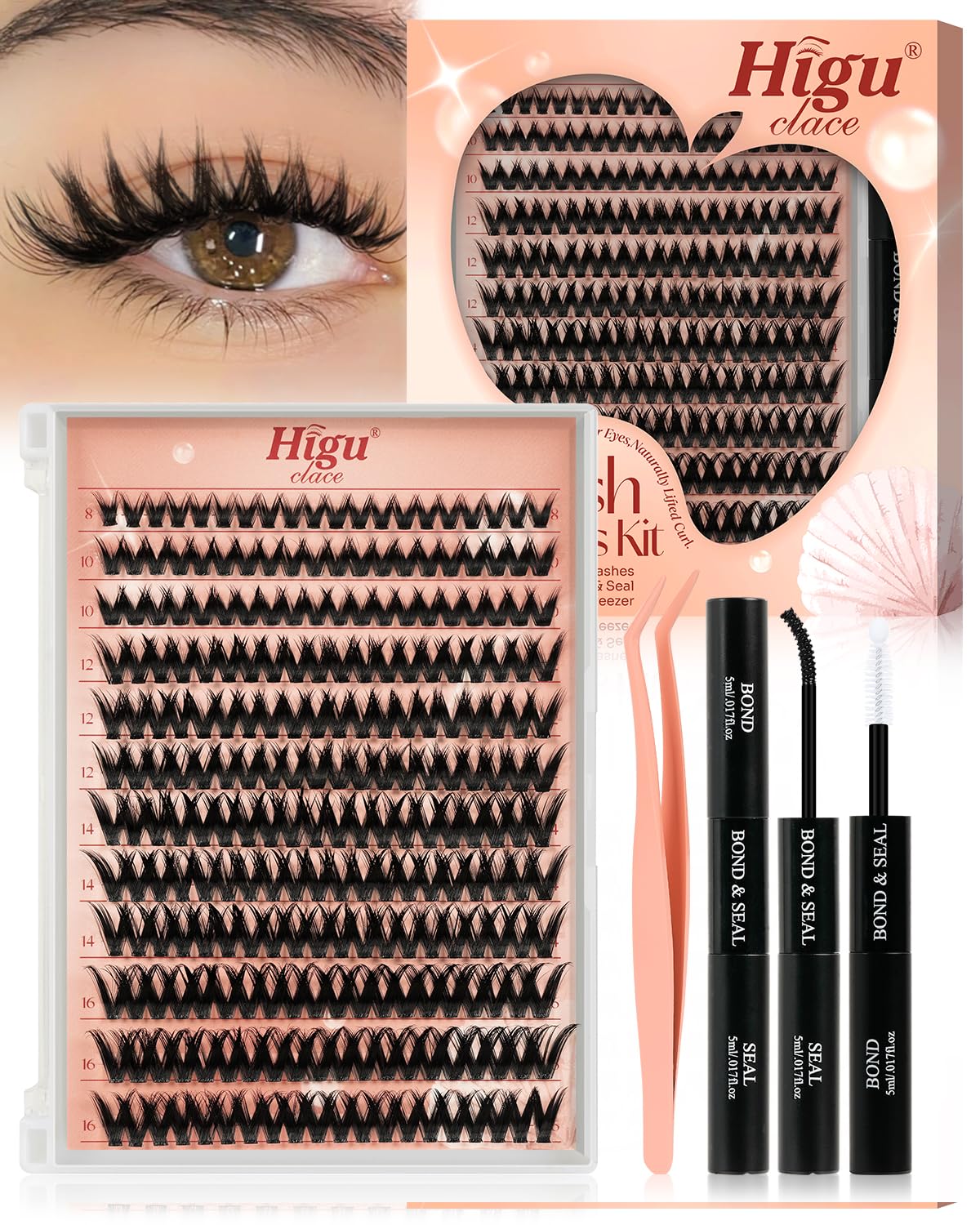 Detalle de HIGU 120-teilige unsichtbare Band Lash-Extension (10–18 Mix) inkl. Kleber-Entferner & Applikatoren – DIY-Set