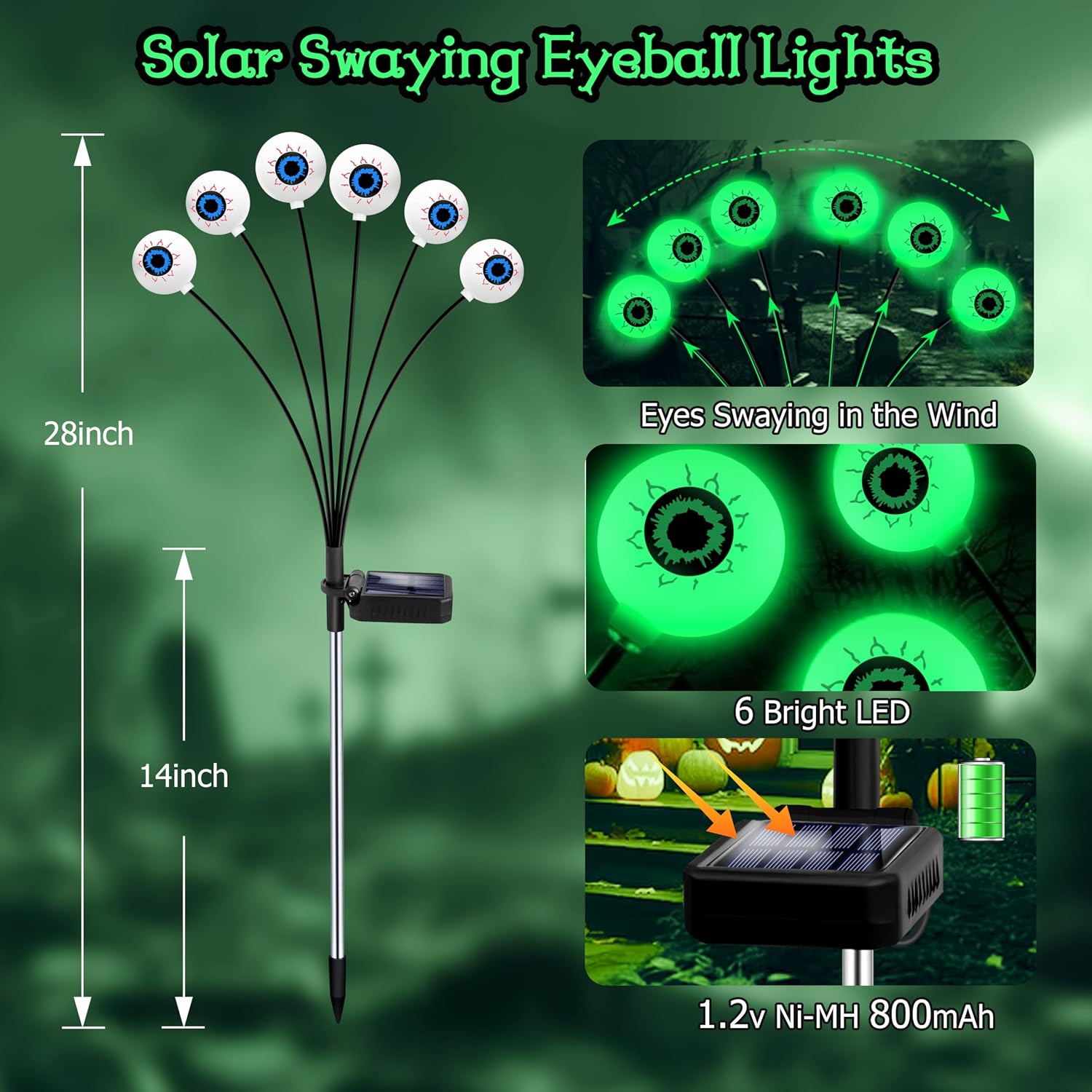 Detalle 2 de Kohlrabi 4-Pack Solar Halloween Eyeball Lights, Green 24-LED Swaying Outdoor Stakes